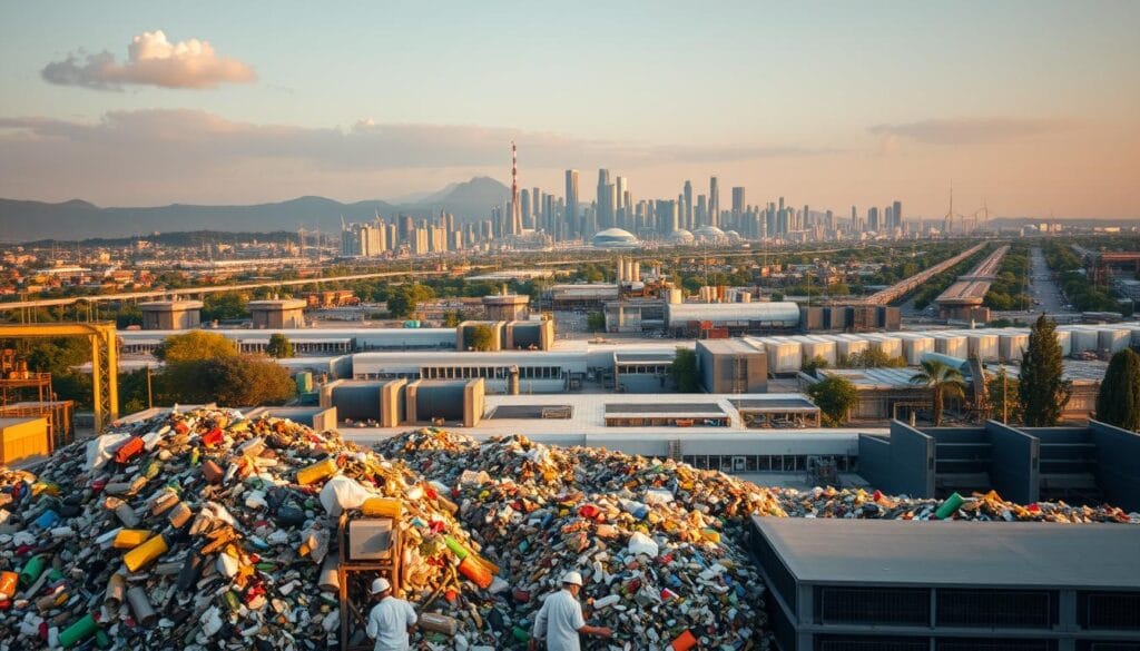 A bustling urban landscape showcasing the circular economy in action. In the foreground, a large recycling plant processes a diverse array of waste materials, with workers meticulously sorting and processing them. The middle ground features a bustling industrial park, where manufacturing facilities repurpose these recycled materials into new products. In the background, a modern city skyline rises, dotted with eco-friendly buildings and renewable energy infrastructure. Warm, golden lighting illuminates the scene, conveying a sense of progress and optimism. Captured through a wide-angle lens, the image evokes the scale and dynamism of Brazil's burgeoning circular economy. A bustling urban landscape showcasing the circular economy in action. In the foreground, a large recycling plant processes a diverse array of waste materials, with workers meticulously sorting and processing them. The middle ground features a bustling industrial park, where manufacturing facilities repurpose these recycled materials into new products. In the background, a modern city skyline rises, dotted with eco-friendly buildings and renewable energy infrastructure. Warm, golden lighting illuminates the scene, conveying a sense of progress and optimism. Captured through a wide-angle lens, the image evokes the scale and dynamism of Brazil's burgeoning circular economy.