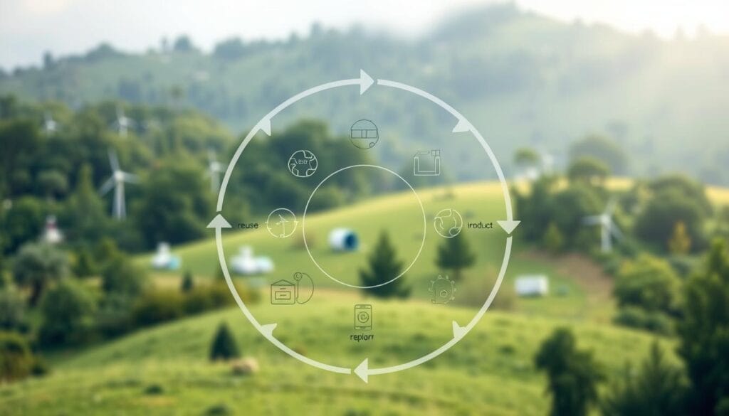 A circular economy diagram depicting the key principles and practices of sustainable resource management. In the foreground, a central circle represents the cyclical flow of materials, with icons illustrating reuse, repair, and recycling. The middle ground showcases various product lifecycle stages, from design and manufacturing to consumption and end-of-life. In the background, a lush, verdant landscape symbolizes the environmental benefits of a circular approach, with renewable energy sources and a clean, natural setting. The lighting is soft and diffuse, creating a serene, contemplative atmosphere. The overall composition conveys the harmony and efficiency of a circular economic system, inspiring a vision of a sustainable future. A circular economy diagram depicting the key principles and practices of sustainable resource management. In the foreground, a central circle represents the cyclical flow of materials, with icons illustrating reuse, repair, and recycling. The middle ground showcases various product lifecycle stages, from design and manufacturing to consumption and end-of-life. In the background, a lush, verdant landscape symbolizes the environmental benefits of a circular approach, with renewable energy sources and a clean, natural setting. The lighting is soft and diffuse, creating a serene, contemplative atmosphere. The overall composition conveys the harmony and efficiency of a circular economic system, inspiring a vision of a sustainable future.