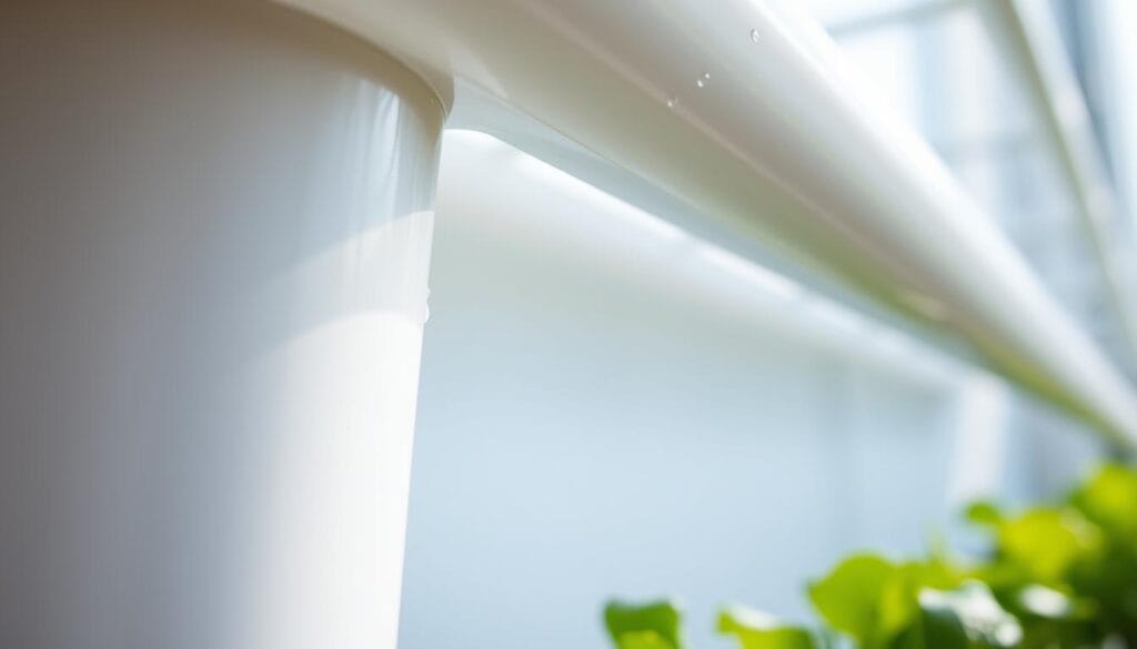 A close-up shot of a white PVC pipe or tubo, glistening with water droplets and illuminated by soft natural lighting. The tubo is positioned diagonally, filling the frame and creating a sense of depth and perspective. The background is blurred, suggesting a clean, minimalist setting, allowing the tubo to be the focal point. The image conveys a sense of simplicity and functionality, reflecting the practical nature of a home hydroponics system. A close-up shot of a white PVC pipe or tubo, glistening with water droplets and illuminated by soft natural lighting. The tubo is positioned diagonally, filling the frame and creating a sense of depth and perspective. The background is blurred, suggesting a clean, minimalist setting, allowing the tubo to be the focal point. The image conveys a sense of simplicity and functionality, reflecting the practical nature of a home hydroponics system.
