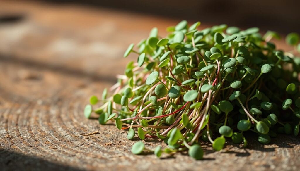 A close-up shot of freshly harvested microgreens, their delicate leaves and stems in vibrant shades of green, arranged artfully on a rustic wooden surface. The lighting is soft and natural, casting gentle shadows that accentuate the intricate textures and vivid hues of the microgreens. The background is blurred, allowing the viewer to focus solely on the beauty and nutritional richness of these miniature greens. The overall mood is one of wholesome, earthy elegance, inviting the viewer to appreciate the vibrant and healthful qualities of these tiny, versatile superfoods. A close-up shot of freshly harvested microgreens, their delicate leaves and stems in vibrant shades of green, arranged artfully on a rustic wooden surface. The lighting is soft and natural, casting gentle shadows that accentuate the intricate textures and vivid hues of the microgreens. The background is blurred, allowing the viewer to focus solely on the beauty and nutritional richness of these miniature greens. The overall mood is one of wholesome, earthy elegance, inviting the viewer to appreciate the vibrant and healthful qualities of these tiny, versatile superfoods.