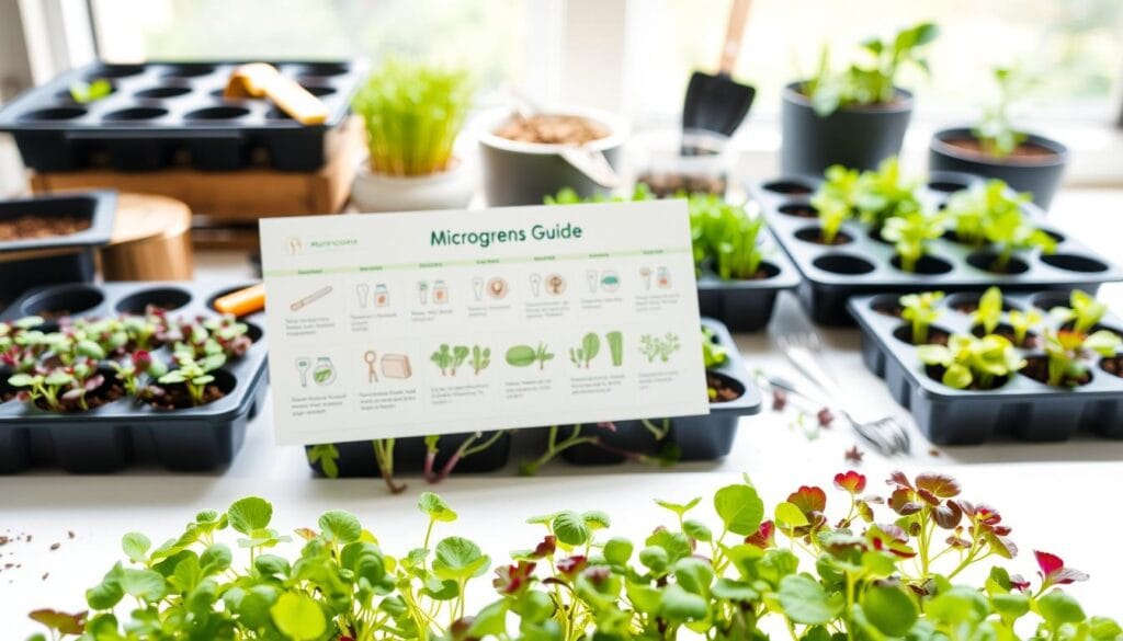 A detailed, step-by-step planting guide for microgreens displayed on a crisp, white background. In the foreground, lush, vibrant microgreens in various stages of growth, each with distinct color and texture. The middle ground showcases gardening tools and supplies, such as trays, soil, and seeds, arranged neatly. The background features a soft, blurred, natural backdrop, suggesting a serene, indoor growing environment. The lighting is natural and diffused, creating a clean, inviting atmosphere. The overall composition is balanced, with a focus on the central planting guide, conveying a sense of simplicity and practicality for the home gardener. A detailed, step-by-step planting guide for microgreens displayed on a crisp, white background. In the foreground, lush, vibrant microgreens in various stages of growth, each with distinct color and texture. The middle ground showcases gardening tools and supplies, such as trays, soil, and seeds, arranged neatly. The background features a soft, blurred, natural backdrop, suggesting a serene, indoor growing environment. The lighting is natural and diffused, creating a clean, inviting atmosphere. The overall composition is balanced, with a focus on the central planting guide, conveying a sense of simplicity and practicality for the home gardener.
