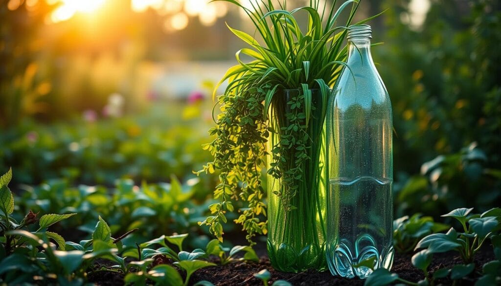 A lush, verdant garden scene with a stunning, repurposed PET bottle vase taking center stage. The vase is beautifully crafted, with a sleek and modern silhouette, its surface adorned with a subtle, textured pattern that catches the gentle rays of the sun. Vibrant, cascading greenery spills forth from the vase, creating a captivating and harmonious display. In the background, a warm, golden-hour glow bathes the scene, conveying a sense of tranquility and sustainability. The overall composition is clean, balanced, and visually striking, showcasing the transformative potential of a simple PET bottle into a stylish, eco-friendly garden accent. A lush, verdant garden scene with a stunning, repurposed PET bottle vase taking center stage. The vase is beautifully crafted, with a sleek and modern silhouette, its surface adorned with a subtle, textured pattern that catches the gentle rays of the sun. Vibrant, cascading greenery spills forth from the vase, creating a captivating and harmonious display. In the background, a warm, golden-hour glow bathes the scene, conveying a sense of tranquility and sustainability. The overall composition is clean, balanced, and visually striking, showcasing the transformative potential of a simple PET bottle into a stylish, eco-friendly garden accent.
