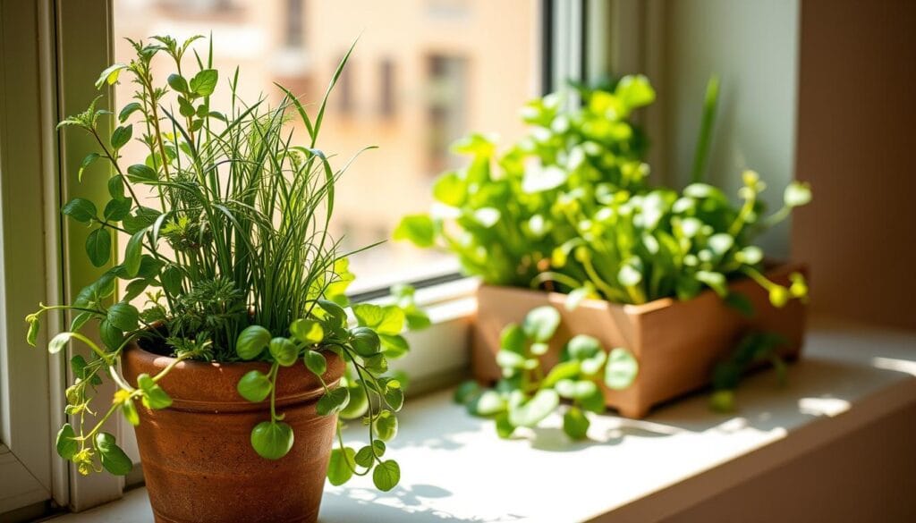 A lush, verdant miniature vegetable garden thriving on a windowsill, bathed in warm, natural lighting. In the foreground, a flourishing assortment of fresh herbs - fragrant basil, robust rosemary, and vibrant chives - stand tall in a rustic clay pot, their leaves gently swaying. The middle ground showcases a mix of leafy greens, such as crisp lettuce and peppery arugula, nestled in a compact raised planter, their vibrant colors accentuated by the soft, directional illumination. In the background, a minimalist, modern interior sets the stage, with a hint of a neutral-toned wall providing a clean, unobtrusive backdrop, allowing the vivid greenery to take center stage. An atmosphere of serenity, self-sufficiency, and the pure joy of cultivating one's own fresh produce permeates the scene. A lush, verdant miniature vegetable garden thriving on a windowsill, bathed in warm, natural lighting. In the foreground, a flourishing assortment of fresh herbs - fragrant basil, robust rosemary, and vibrant chives - stand tall in a rustic clay pot, their leaves gently swaying. The middle ground showcases a mix of leafy greens, such as crisp lettuce and peppery arugula, nestled in a compact raised planter, their vibrant colors accentuated by the soft, directional illumination. In the background, a minimalist, modern interior sets the stage, with a hint of a neutral-toned wall providing a clean, unobtrusive backdrop, allowing the vivid greenery to take center stage. An atmosphere of serenity, self-sufficiency, and the pure joy of cultivating one's own fresh produce permeates the scene.