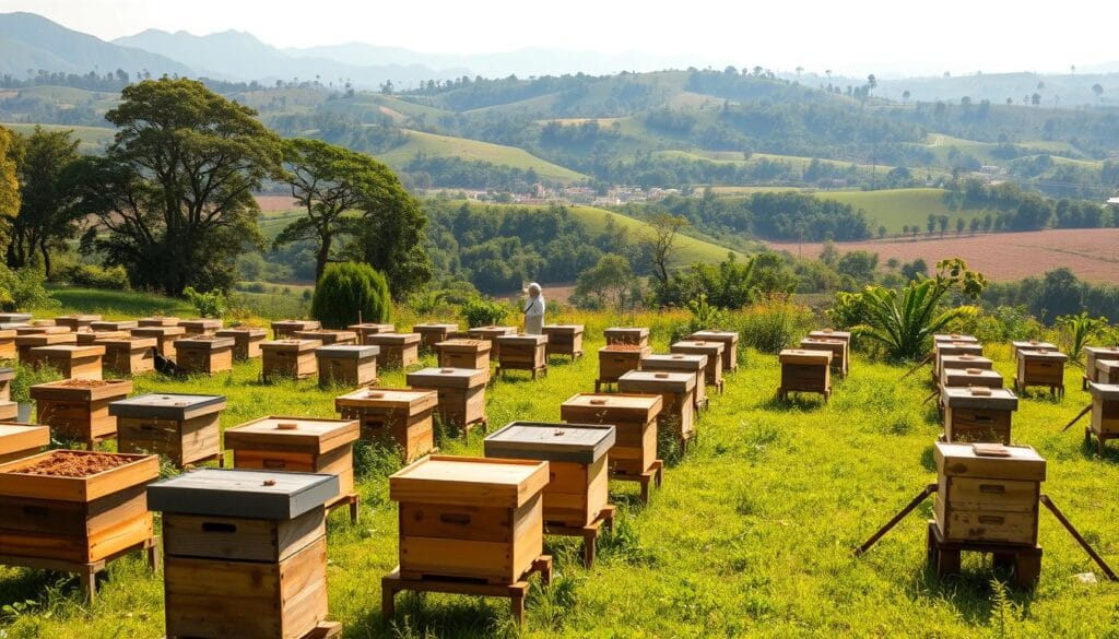 A panoramic view of a thriving backyard apiary in the lush Brazilian countryside. In the foreground, rows of traditional wooden beehives dot a verdant meadow, their entrances buzzing with the industrious activity of honeybees. In the middle ground, a beekeeper in a protective suit tends to the hives, harvesting the golden nectar. The background reveals a tapestry of rolling hills, punctuated by vibrant wildflowers and the silhouettes of towering trees. Warm, diffused sunlight bathes the scene, creating a serene and harmonious atmosphere that belies the common myths and misconceptions surrounding amateur beekeeping in Brazil. A panoramic view of a thriving backyard apiary in the lush Brazilian countryside. In the foreground, rows of traditional wooden beehives dot a verdant meadow, their entrances buzzing with the industrious activity of honeybees. In the middle ground, a beekeeper in a protective suit tends to the hives, harvesting the golden nectar. The background reveals a tapestry of rolling hills, punctuated by vibrant wildflowers and the silhouettes of towering trees. Warm, diffused sunlight bathes the scene, creating a serene and harmonious atmosphere that belies the common myths and misconceptions surrounding amateur beekeeping in Brazil.