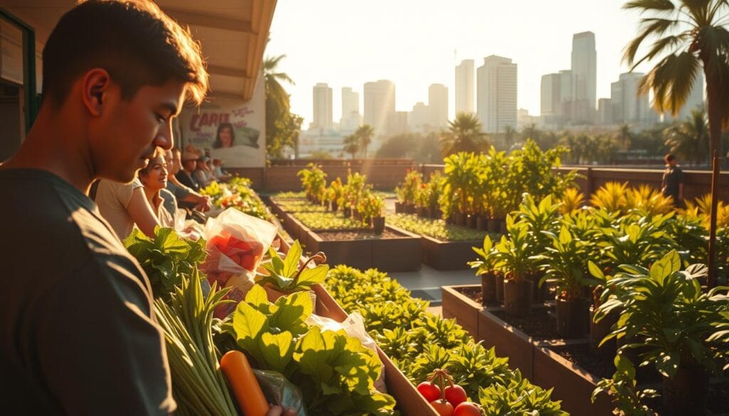 A serene, sun-dappled scene depicting the ethos of conscious consumption in Brazil. In the foreground, a person mindfully selects fresh produce from a bustling local market, their expression one of thoughtful consideration. The middle ground reveals a lush urban garden, its verdant beds and thriving plant life symbolizing a harmonious relationship between humanity and nature. In the background, a modern skyline rises, hinting at the integration of sustainable practices within the built environment. Warm, golden lighting bathes the entire composition, conveying a sense of hope and optimism for a greener, more mindful future. A serene, sun-dappled scene depicting the ethos of conscious consumption in Brazil. In the foreground, a person mindfully selects fresh produce from a bustling local market, their expression one of thoughtful consideration. The middle ground reveals a lush urban garden, its verdant beds and thriving plant life symbolizing a harmonious relationship between humanity and nature. In the background, a modern skyline rises, hinting at the integration of sustainable practices within the built environment. Warm, golden lighting bathes the entire composition, conveying a sense of hope and optimism for a greener, more mindful future.