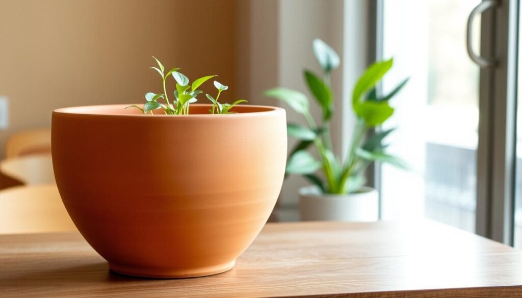 A simple yet elegant terracotta planter, its smooth surface and earthy hue reflecting the warm tones of the soil within. The planter sits atop a wooden table, its sturdy construction and ample drainage holes hinting at its suitability for healthy plant growth. Bright natural light filters in through a nearby window, casting a soft, even glow across the scene and highlighting the planter's clean, minimalist design. The overall mood is one of tranquility and anticipation, setting the stage for the vibrant, thriving plants that will soon call this vaso their home. A simple yet elegant terracotta planter, its smooth surface and earthy hue reflecting the warm tones of the soil within. The planter sits atop a wooden table, its sturdy construction and ample drainage holes hinting at its suitability for healthy plant growth. Bright natural light filters in through a nearby window, casting a soft, even glow across the scene and highlighting the planter's clean, minimalist design. The overall mood is one of tranquility and anticipation, setting the stage for the vibrant, thriving plants that will soon call this vaso their home.