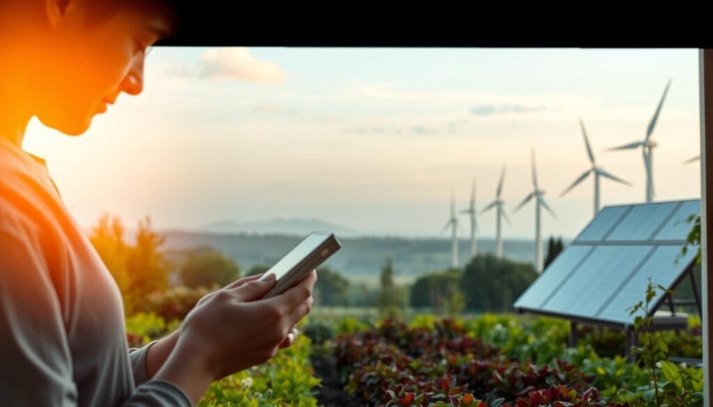 A tranquil, eco-friendly scene showcasing the essence of conscious consumption. In the foreground, a person carefully examines a product, considering its environmental impact. The middle ground features a bountiful garden, symbolizing the benefits of sustainable practices. In the background, a serene skyline with wind turbines and solar panels, hinting at renewable energy solutions. Warm, natural lighting illuminates the scene, conveying a sense of harmony between human and nature. The composition emphasizes balance, simplicity, and a thoughtful approach to everyday choices, capturing the ethos of conscious consumerism. A tranquil, eco-friendly scene showcasing the essence of conscious consumption. In the foreground, a person carefully examines a product, considering its environmental impact. The middle ground features a bountiful garden, symbolizing the benefits of sustainable practices. In the background, a serene skyline with wind turbines and solar panels, hinting at renewable energy solutions. Warm, natural lighting illuminates the scene, conveying a sense of harmony between human and nature. The composition emphasizes balance, simplicity, and a thoughtful approach to everyday choices, capturing the ethos of conscious consumerism.