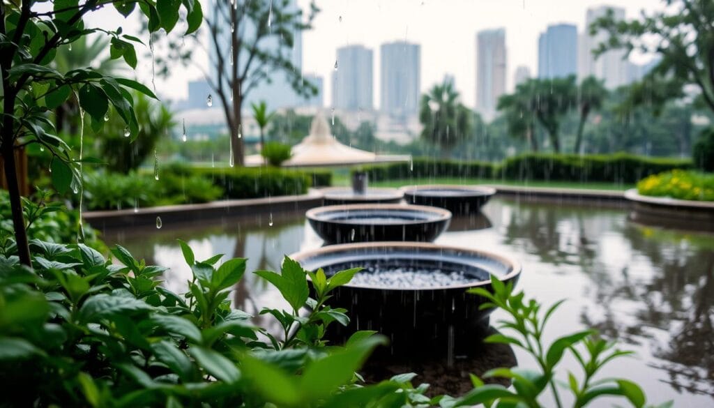 A tranquil urban garden on a rainy day, raindrops gently falling into a reflective pool of water. The foreground shows lush greenery and flourishing plants, their leaves glistening with moisture. In the middle ground, a series of shallow bowls or basins collect the falling rain, creating a mesmerizing visual rhythm. The background depicts a cityscape, with the silhouettes of buildings and trees blurred by the soft, hazy light. The overall mood is one of serenity and harmony, highlighting the importance of water conservation and the integration of nature within the urban environment. A tranquil urban garden on a rainy day, raindrops gently falling into a reflective pool of water. The foreground shows lush greenery and flourishing plants, their leaves glistening with moisture. In the middle ground, a series of shallow bowls or basins collect the falling rain, creating a mesmerizing visual rhythm. The background depicts a cityscape, with the silhouettes of buildings and trees blurred by the soft, hazy light. The overall mood is one of serenity and harmony, highlighting the importance of water conservation and the integration of nature within the urban environment.