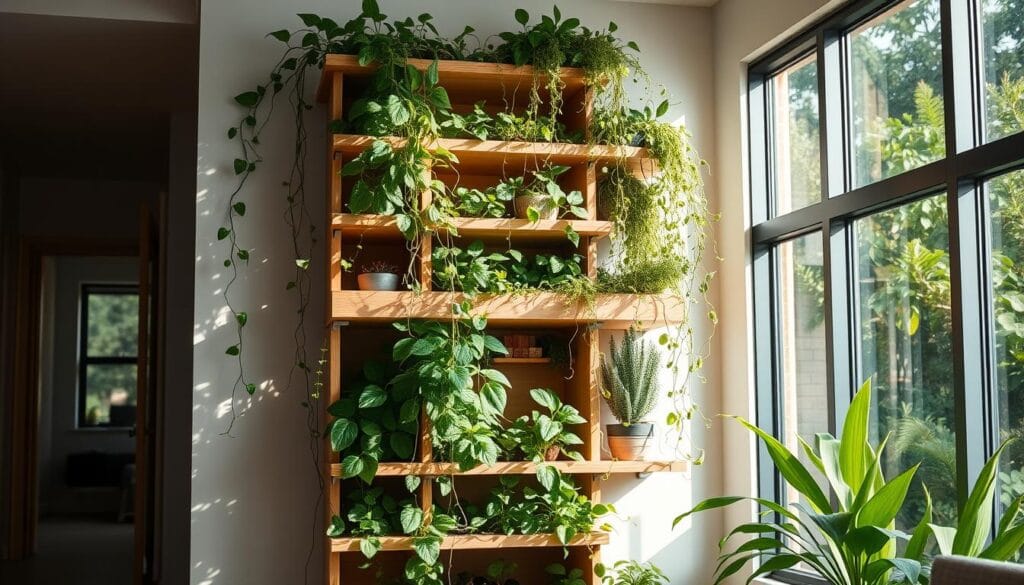 A vertical garden with lush greenery cascading down a compact, modular shelving unit. The shelves are made of sleek, natural wood that seamlessly blends with the vibrant foliage. Sunlight streams in through large windows, casting a warm, ambient glow on the scene. Trailing vines and leafy plants spill over the edges, creating a sense of depth and texture. The overall composition conveys an efficient, space-saving solution that is visually striking and harmonious with its surroundings. The scene evokes a serene, nature-inspired atmosphere that elevates the small living space. A vertical garden with lush greenery cascading down a compact, modular shelving unit. The shelves are made of sleek, natural wood that seamlessly blends with the vibrant foliage. Sunlight streams in through large windows, casting a warm, ambient glow on the scene. Trailing vines and leafy plants spill over the edges, creating a sense of depth and texture. The overall composition conveys an efficient, space-saving solution that is visually striking and harmonious with its surroundings. The scene evokes a serene, nature-inspired atmosphere that elevates the small living space.