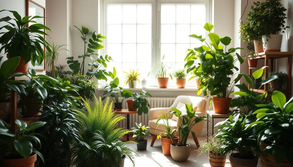 A warm, naturally-lit interior space showcasing a variety of lush, air-purifying houseplants. The scene features a large window allowing diffused sunlight to flood the room, casting soft shadows and highlighting the vibrant foliage. In the foreground, a collection of potted plants in various sizes and shapes - including leafy ferns, succulents, and flowering vines - are artfully arranged on wooden shelves or side tables. The middle ground depicts a cozy seating area, with a plush armchair and a side table displaying more greenery. The background hints at minimalist decor, with clean lines and muted tones allowing the plants to take center stage. An atmosphere of tranquility and wellness permeates the space. A warm, naturally-lit interior space showcasing a variety of lush, air-purifying houseplants. The scene features a large window allowing diffused sunlight to flood the room, casting soft shadows and highlighting the vibrant foliage. In the foreground, a collection of potted plants in various sizes and shapes - including leafy ferns, succulents, and flowering vines - are artfully arranged on wooden shelves or side tables. The middle ground depicts a cozy seating area, with a plush armchair and a side table displaying more greenery. The background hints at minimalist decor, with clean lines and muted tones allowing the plants to take center stage. An atmosphere of tranquility and wellness permeates the space.