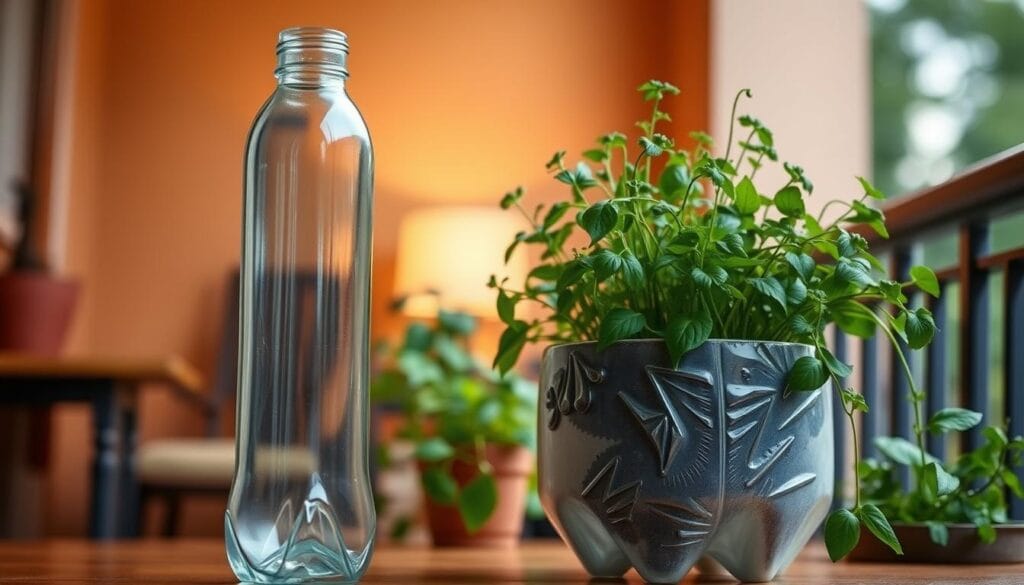 A well-crafted vase made from a repurposed PET bottle stands prominently in the foreground, its sleek and minimalist design showcasing the natural texture of the recycled material. In the middle ground, a vibrant and thriving herb garden grows, with lush greenery spilling over the edges of the unique planter. The background features a warm, inviting setting, perhaps a cozy patio or balcony, with soft natural lighting casting a gentle glow on the scene. The overall atmosphere conveys a sense of eco-conscious creativity and the beauty that can emerge from everyday waste, perfectly capturing the essence of the "Como fazer Vasos de garrafa pet para horta" section. A well-crafted vase made from a repurposed PET bottle stands prominently in the foreground, its sleek and minimalist design showcasing the natural texture of the recycled material. In the middle ground, a vibrant and thriving herb garden grows, with lush greenery spilling over the edges of the unique planter. The background features a warm, inviting setting, perhaps a cozy patio or balcony, with soft natural lighting casting a gentle glow on the scene. The overall atmosphere conveys a sense of eco-conscious creativity and the beauty that can emerge from everyday waste, perfectly capturing the essence of the "Como fazer Vasos de garrafa pet para horta" section.