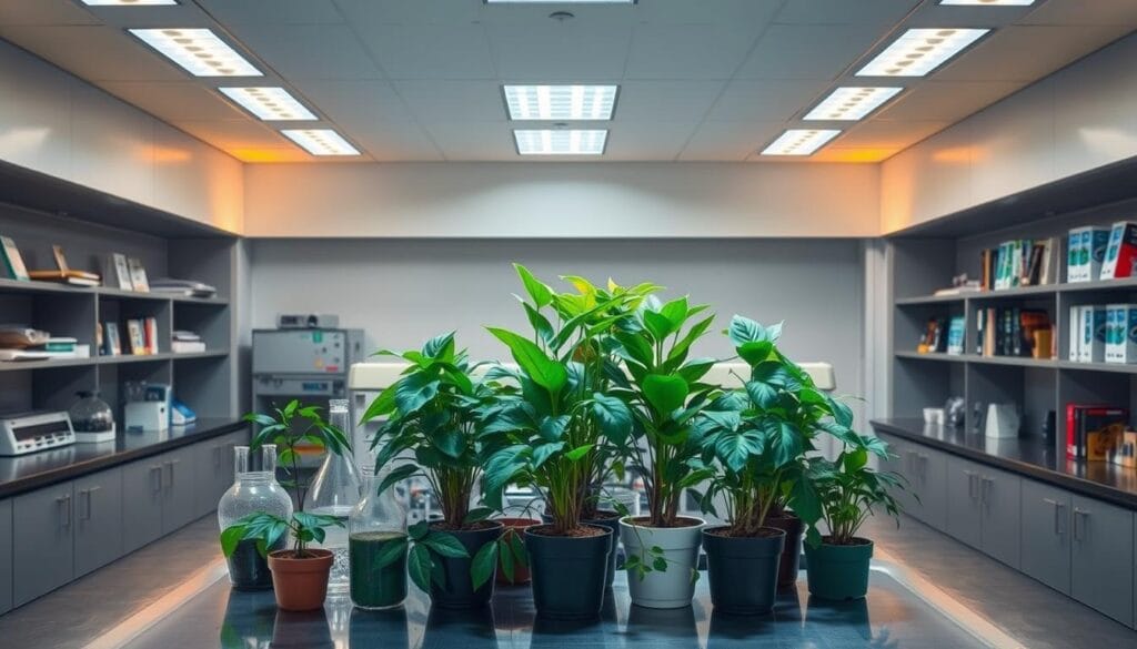 A well-lit laboratory interior with a central workbench displaying an array of scientific equipment and glassware. In the foreground, a cluster of potted houseplants in various sizes and shapes, their lush foliage standing out against the clean, minimalist aesthetic. Overhead, the warm glow of recessed lighting casts a subtle shine on the stainless steel surfaces, creating a professional, research-oriented atmosphere. In the background, the walls are lined with shelves holding reference books and technical manuals, hinting at the depth of knowledge within this NASA study on the air-purifying properties of different plant species. A well-lit laboratory interior with a central workbench displaying an array of scientific equipment and glassware. In the foreground, a cluster of potted houseplants in various sizes and shapes, their lush foliage standing out against the clean, minimalist aesthetic. Overhead, the warm glow of recessed lighting casts a subtle shine on the stainless steel surfaces, creating a professional, research-oriented atmosphere. In the background, the walls are lined with shelves holding reference books and technical manuals, hinting at the depth of knowledge within this NASA study on the air-purifying properties of different plant species.
