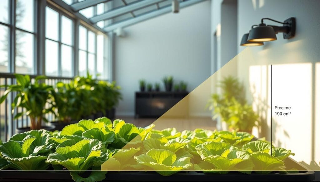 A well-lit, meticulously mapped indoor garden space, showcasing the optimal light conditions for cultivating lush lettuce and leafy greens on a sheltered balcony. Soft, diffuse natural lighting filters through large windows, casting gentle shadows and creating a warm, inviting ambiance. Precise measurements of light intensity and duration are overlaid on the scene, providing a detailed visualization of the ideal growing environment. The foreground features thriving, verdant lettuce plants, their leaves glistening with moisture. In the middle ground, strategic placement of reflective surfaces and adjustable lighting fixtures ensure even coverage and minimal dark spots. The background depicts the architectural elements of the balcony, with clean lines and a minimalist aesthetic complementing the organic, flourishing plant life. A well-lit, meticulously mapped indoor garden space, showcasing the optimal light conditions for cultivating lush lettuce and leafy greens on a sheltered balcony. Soft, diffuse natural lighting filters through large windows, casting gentle shadows and creating a warm, inviting ambiance. Precise measurements of light intensity and duration are overlaid on the scene, providing a detailed visualization of the ideal growing environment. The foreground features thriving, verdant lettuce plants, their leaves glistening with moisture. In the middle ground, strategic placement of reflective surfaces and adjustable lighting fixtures ensure even coverage and minimal dark spots. The background depicts the architectural elements of the balcony, with clean lines and a minimalist aesthetic complementing the organic, flourishing plant life.