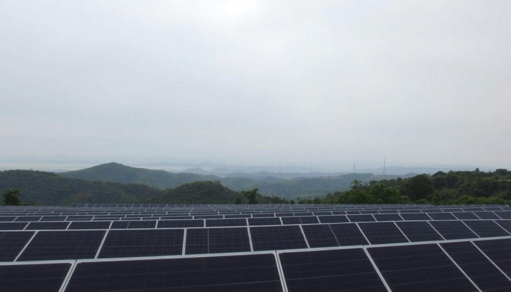 Overcast skies cast a soft, diffused light over a tranquil landscape. In the foreground, rows of solar panels stand as silent sentinels, their sleek, black surfaces reflecting the muted tones of the cloudy day. The middle ground features undulating hills dotted with lush, verdant vegetation, creating a sense of depth and natural harmony. In the distance, the horizon fades into a hazy, atmospheric blur, suggesting the boundless potential of this renewable energy source. The scene conveys a sense of quiet contemplation, where the power of the sun is harnessed with efficiency and environmental sensitivity, offering a glimpse into a future of sustainable, clean energy for all. Overcast skies cast a soft, diffused light over a tranquil landscape. In the foreground, rows of solar panels stand as silent sentinels, their sleek, black surfaces reflecting the muted tones of the cloudy day. The middle ground features undulating hills dotted with lush, verdant vegetation, creating a sense of depth and natural harmony. In the distance, the horizon fades into a hazy, atmospheric blur, suggesting the boundless potential of this renewable energy source. The scene conveys a sense of quiet contemplation, where the power of the sun is harnessed with efficiency and environmental sensitivity, offering a glimpse into a future of sustainable, clean energy for all.