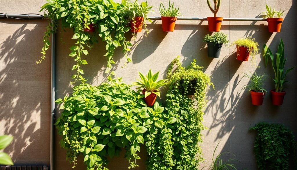 Warm, natural lighting illuminates a well-planned vertical garden wall. In the foreground, a sturdy metal frame supports lush, thriving plants cascading gracefully downward. The middle ground showcases a variety of potted greenery, expertly arranged to create a visually striking and harmonious composition. In the background, a textured concrete or brick surface provides a clean, minimalist backdrop, allowing the vibrant foliage to take center stage. The overall scene conveys a sense of tranquility, balance, and effortless integration of nature into an urban or domestic setting, perfectly capturing the essence of a budget-friendly vertical garden. Warm, natural lighting illuminates a well-planned vertical garden wall. In the foreground, a sturdy metal frame supports lush, thriving plants cascading gracefully downward. The middle ground showcases a variety of potted greenery, expertly arranged to create a visually striking and harmonious composition. In the background, a textured concrete or brick surface provides a clean, minimalist backdrop, allowing the vibrant foliage to take center stage. The overall scene conveys a sense of tranquility, balance, and effortless integration of nature into an urban or domestic setting, perfectly capturing the essence of a budget-friendly vertical garden.