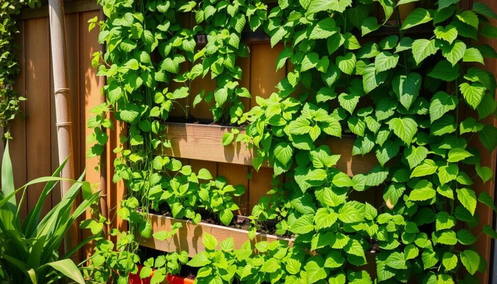 A compact vertical garden thriving in a small backyard, showcasing a harmonious arrangement of lush greenery. Verdant vines cascade down neatly constructed planter boxes, while vibrant leafy plants occupy tiered levels, maximizing the limited space. Warm, natural lighting bathes the scene, casting gentle shadows and highlighting the diverse textures of the foliage. The overall composition conveys a sense of abundance and efficient use of space, inspiring the viewer to envision the transformative potential of a small plot into a productive, space-saving edible garden. A compact vertical garden thriving in a small backyard, showcasing a harmonious arrangement of lush greenery. Verdant vines cascade down neatly constructed planter boxes, while vibrant leafy plants occupy tiered levels, maximizing the limited space. Warm, natural lighting bathes the scene, casting gentle shadows and highlighting the diverse textures of the foliage. The overall composition conveys a sense of abundance and efficient use of space, inspiring the viewer to envision the transformative potential of a small plot into a productive, space-saving edible garden.