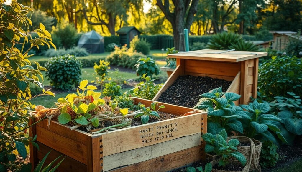 A cozy backyard scene, a well-crafted wooden compost bin nestled amidst thriving vegetation. Warm afternoon sunlight filters through the foliage, casting gentle shadows. In the foreground, a diverse array of kitchen scraps and garden trimmings are being meticulously layered into the bin, demonstrating the process of home composting. The middle ground features lush, vibrant plants nourished by the rich, dark compost. In the background, a verdant garden with towering trees and a picturesque shed, creating a harmonious, eco-friendly atmosphere. The scene conveys the joy and satisfaction of maintaining a thriving, sustainable home garden. A cozy backyard scene, a well-crafted wooden compost bin nestled amidst thriving vegetation. Warm afternoon sunlight filters through the foliage, casting gentle shadows. In the foreground, a diverse array of kitchen scraps and garden trimmings are being meticulously layered into the bin, demonstrating the process of home composting. The middle ground features lush, vibrant plants nourished by the rich, dark compost. In the background, a verdant garden with towering trees and a picturesque shed, creating a harmonious, eco-friendly atmosphere. The scene conveys the joy and satisfaction of maintaining a thriving, sustainable home garden.