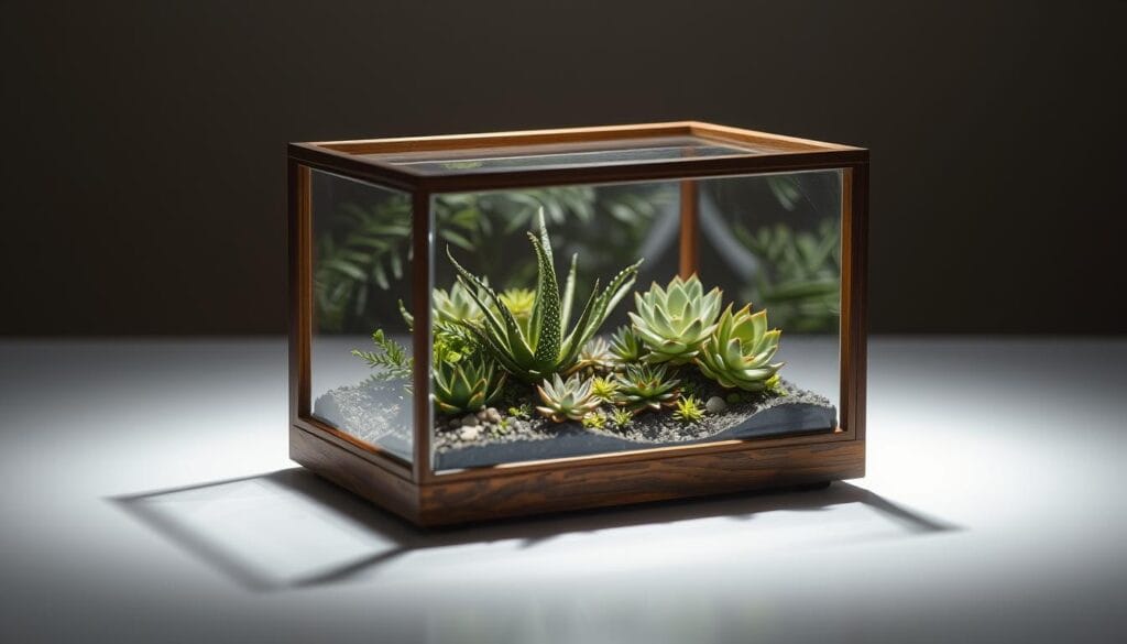 A decorative terrarium in a wooden frame, with lush greenery and delicate succulents arranged in a harmonious composition. The lighting is soft and diffused, casting gentle shadows that accentuate the textures and shapes of the plants. The camera is positioned at a slight angle, capturing the terrarium's intricate details and creating a sense of depth and perspective. The overall mood is serene and inviting, conveying the tranquility and beauty of the natural elements within. A decorative terrarium in a wooden frame, with lush greenery and delicate succulents arranged in a harmonious composition. The lighting is soft and diffused, casting gentle shadows that accentuate the textures and shapes of the plants. The camera is positioned at a slight angle, capturing the terrarium's intricate details and creating a sense of depth and perspective. The overall mood is serene and inviting, conveying the tranquility and beauty of the natural elements within.