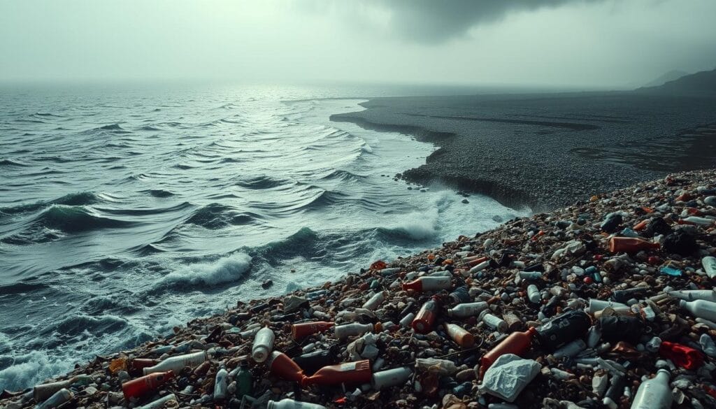 A dramatic landscape depicting the environmental impact of plastic pollution. In the foreground, a vast ocean of swirling plastic waste, with discarded bottles, bags, and other debris obscuring the once-pristine waters. In the middle ground, a coastline littered with accumulated plastic, harming the delicate ecosystems. In the background, a hazy, darkened sky, symbolizing the wider climatic and atmospheric consequences. Muted, somber tones convey the gravity of the issue, while strong, angular lighting casts long shadows, adding a sense of urgency. The overall composition evokes a sense of overwhelming environmental degradation caused by our reliance on single-use plastics. A dramatic landscape depicting the environmental impact of plastic pollution. In the foreground, a vast ocean of swirling plastic waste, with discarded bottles, bags, and other debris obscuring the once-pristine waters. In the middle ground, a coastline littered with accumulated plastic, harming the delicate ecosystems. In the background, a hazy, darkened sky, symbolizing the wider climatic and atmospheric consequences. Muted, somber tones convey the gravity of the issue, while strong, angular lighting casts long shadows, adding a sense of urgency. The overall composition evokes a sense of overwhelming environmental degradation caused by our reliance on single-use plastics.