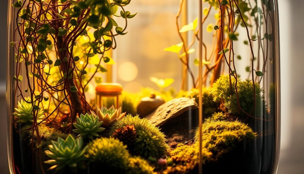 A glass terrarium filled with lush, verdant plants cascading down the sides, illuminated by warm, natural lighting filtering in through the transparent panes. The foreground features a variety of succulents and mosses, their intricate textures and vibrant colors creating a captivating visual display. The middle ground showcases a small, ornamental feature, perhaps a miniature figurine or a delicate rock arrangement, adding depth and interest to the scene. The background fades into a softly blurred, ethereal backdrop, hinting at the terrarium's serene, tranquil atmosphere. The overall composition conveys a sense of harmony, inviting the viewer to appreciate the beauty and simplicity of this self-contained, living ecosystem. A glass terrarium filled with lush, verdant plants cascading down the sides, illuminated by warm, natural lighting filtering in through the transparent panes. The foreground features a variety of succulents and mosses, their intricate textures and vibrant colors creating a captivating visual display. The middle ground showcases a small, ornamental feature, perhaps a miniature figurine or a delicate rock arrangement, adding depth and interest to the scene. The background fades into a softly blurred, ethereal backdrop, hinting at the terrarium's serene, tranquil atmosphere. The overall composition conveys a sense of harmony, inviting the viewer to appreciate the beauty and simplicity of this self-contained, living ecosystem.