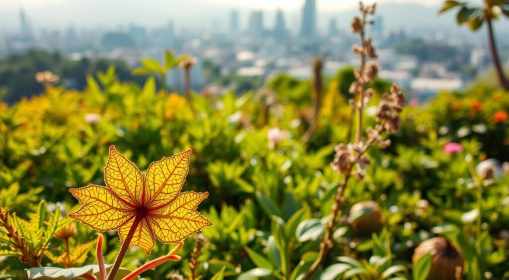 A lush, botanically-rich landscape with vibrant greenery and diverse flora, illuminated by warm, natural lighting. In the foreground, a close-up view of an intricate, delicate leaf or flower, its intricate patterns and textures capturing the essence of botanical wonder. In the middle ground, a harmonious arrangement of native plants, their forms and colors complementing each other in a visually striking display of sustainable plant life. The background features a blurred, out-of-focus cityscape or natural setting, hinting at the broader context of sustainability and the integration of botany with human environments. The overall mood is one of reverence, scientific curiosity, and a sense of the power and beauty inherent in the plant world. A lush, botanically-rich landscape with vibrant greenery and diverse flora, illuminated by warm, natural lighting. In the foreground, a close-up view of an intricate, delicate leaf or flower, its intricate patterns and textures capturing the essence of botanical wonder. In the middle ground, a harmonious arrangement of native plants, their forms and colors complementing each other in a visually striking display of sustainable plant life. The background features a blurred, out-of-focus cityscape or natural setting, hinting at the broader context of sustainability and the integration of botany with human environments. The overall mood is one of reverence, scientific curiosity, and a sense of the power and beauty inherent in the plant world.