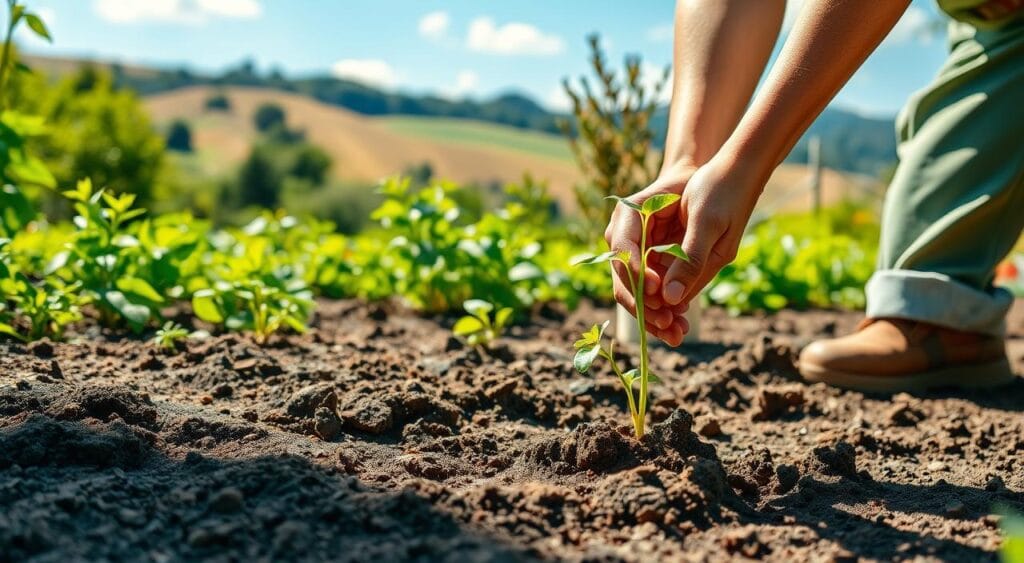 A lush garden scene showcasing the proper planting techniques. In the foreground, a gardener carefully places a young seedling into a well-prepared soil bed, their hands delicately guiding the roots. The middle ground features a mix of verdant foliage, with carefully spaced plants of varying heights and textures. In the background, a sun-dappled landscape with rolling hills and a clear blue sky, creating a serene and tranquil atmosphere. The lighting is natural and soft, casting warm, gentle shadows. The overall composition conveys a sense of harmony and balance, highlighting the importance of correct planting practices for a thriving, healthy garden. A lush garden scene showcasing the proper planting techniques. In the foreground, a gardener carefully places a young seedling into a well-prepared soil bed, their hands delicately guiding the roots. The middle ground features a mix of verdant foliage, with carefully spaced plants of varying heights and textures. In the background, a sun-dappled landscape with rolling hills and a clear blue sky, creating a serene and tranquil atmosphere. The lighting is natural and soft, casting warm, gentle shadows. The overall composition conveys a sense of harmony and balance, highlighting the importance of correct planting practices for a thriving, healthy garden.