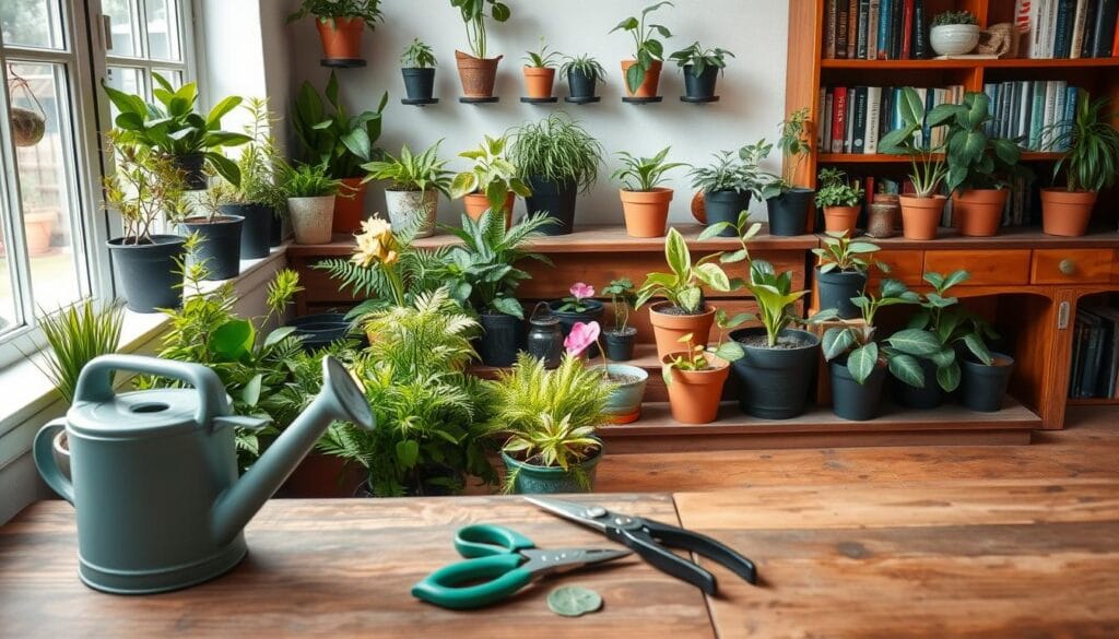 A lush garden scene with carefully tended potted plants of various sizes and species, strategically arranged on wooden shelves and steps. Soft, diffused natural lighting filters through a nearby window, casting gentle shadows and highlighting the vibrant foliage. In the foreground, a watering can and pruning shears sit atop a weathered wooden table, suggesting the diligent care required to maintain these healthy plants. The middle ground features a mix of succulents, ferns, and flowering plants, each meticulously watered and pruned. In the background, a bookshelf with gardening guides and plant care manuals provides context for the educational nature of the scene. The overall atmosphere is one of tranquility, balance, and the rewarding results of responsible plant stewardship. A lush garden scene with carefully tended potted plants of various sizes and species, strategically arranged on wooden shelves and steps. Soft, diffused natural lighting filters through a nearby window, casting gentle shadows and highlighting the vibrant foliage. In the foreground, a watering can and pruning shears sit atop a weathered wooden table, suggesting the diligent care required to maintain these healthy plants. The middle ground features a mix of succulents, ferns, and flowering plants, each meticulously watered and pruned. In the background, a bookshelf with gardening guides and plant care manuals provides context for the educational nature of the scene. The overall atmosphere is one of tranquility, balance, and the rewarding results of responsible plant stewardship.