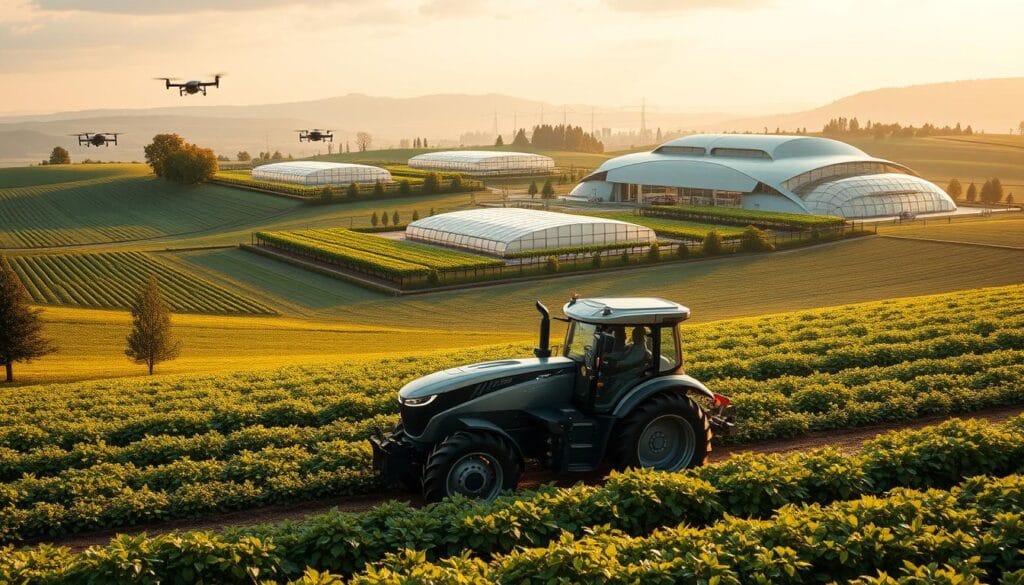 A lush, rolling countryside with a modern, high-tech agricultural landscape. In the foreground, a sleek, autonomous tractor navigates the fields, its sensors and software guiding its precise movements. Behind it, rows of crops stretch out, their growth monitored by drones and satellite imagery. In the middle ground, a cluster of greenhouses stands, their climate-controlled environments nurturing exotic produce. In the background, a sprawling research facility bustles with activity, scientists and engineers collaborating on the latest advancements in precision farming, biotechnology, and sustainable agriculture. The scene is bathed in warm, golden light, conveying a sense of progress, innovation, and a vision for the future of technology-driven, eco-conscious farming. A lush, rolling countryside with a modern, high-tech agricultural landscape. In the foreground, a sleek, autonomous tractor navigates the fields, its sensors and software guiding its precise movements. Behind it, rows of crops stretch out, their growth monitored by drones and satellite imagery. In the middle ground, a cluster of greenhouses stands, their climate-controlled environments nurturing exotic produce. In the background, a sprawling research facility bustles with activity, scientists and engineers collaborating on the latest advancements in precision farming, biotechnology, and sustainable agriculture. The scene is bathed in warm, golden light, conveying a sense of progress, innovation, and a vision for the future of technology-driven, eco-conscious farming.