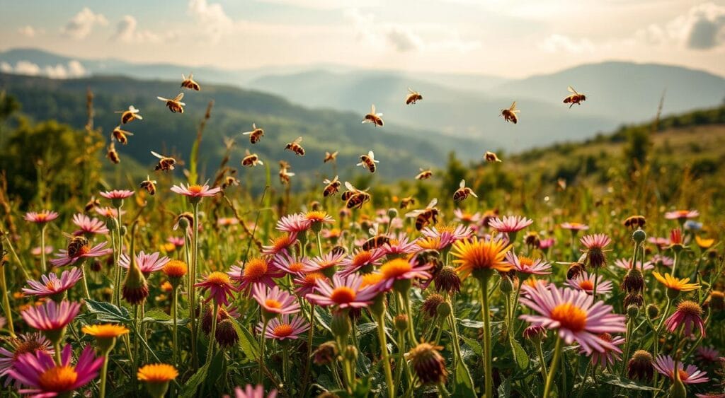 A lush, sun-dappled meadow teeming with native stingless bees, their fuzzy bodies hovering gracefully over a vibrant tapestry of wildflowers. In the foreground, a diverse array of indigenous plants in full bloom, their petals and leaves shimmering with morning dew. The bees dart between the blossoms, pollinating with single-minded purpose, their intricate dances captured in crisp, high-resolution detail. The background opens up to a verdant landscape, hazy mountains rising in the distance, creating a sense of depth and tranquility. The warm, golden light filters through wispy clouds, casting a soft, naturalistic glow over the entire scene. This image conveys the beauty, complexity and fragile interdependence of native bees and their plant counterparts, a harmonious partnership essential to the preservation of biodiversity. A lush, sun-dappled meadow teeming with native stingless bees, their fuzzy bodies hovering gracefully over a vibrant tapestry of wildflowers. In the foreground, a diverse array of indigenous plants in full bloom, their petals and leaves shimmering with morning dew. The bees dart between the blossoms, pollinating with single-minded purpose, their intricate dances captured in crisp, high-resolution detail. The background opens up to a verdant landscape, hazy mountains rising in the distance, creating a sense of depth and tranquility. The warm, golden light filters through wispy clouds, casting a soft, naturalistic glow over the entire scene. This image conveys the beauty, complexity and fragile interdependence of native bees and their plant counterparts, a harmonious partnership essential to the preservation of biodiversity.
