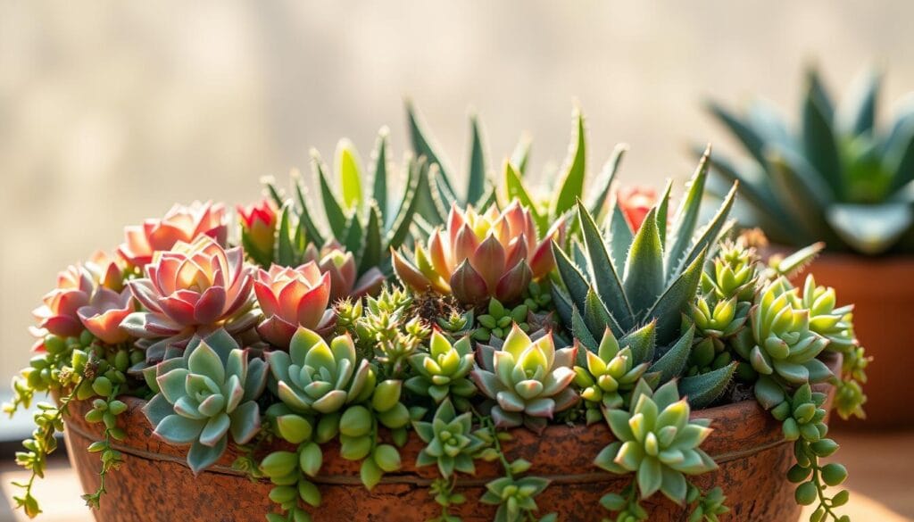 A lush, sun-drenched jardim de suculentas, its diverse array of resilient plants thriving in a meticulously curated, minimalist arrangement. The foreground showcases a vibrant mix of rosette-shaped echeverias, plump jade plants, and delicate string-of-pearls cascading over the edges of a rustic, earth-toned planter. In the middle ground, an assortment of sculptural agaves and aloe vera plants create a harmonious, textural contrast. The background subtly fades into a soft, hazy ambiance, allowing the succulents to take center stage. Gentle, warm lighting casts subtle shadows, accentuating the plants' unique shapes and vibrant hues. This carefully composed scene embodies the allure of mini jardins de suculentas - a low-maintenance, visually captivating way to bring the beauty of nature into any space. A lush, sun-drenched jardim de suculentas, its diverse array of resilient plants thriving in a meticulously curated, minimalist arrangement. The foreground showcases a vibrant mix of rosette-shaped echeverias, plump jade plants, and delicate string-of-pearls cascading over the edges of a rustic, earth-toned planter. In the middle ground, an assortment of sculptural agaves and aloe vera plants create a harmonious, textural contrast. The background subtly fades into a soft, hazy ambiance, allowing the succulents to take center stage. Gentle, warm lighting casts subtle shadows, accentuating the plants' unique shapes and vibrant hues. This carefully composed scene embodies the allure of mini jardins de suculentas - a low-maintenance, visually captivating way to bring the beauty of nature into any space.