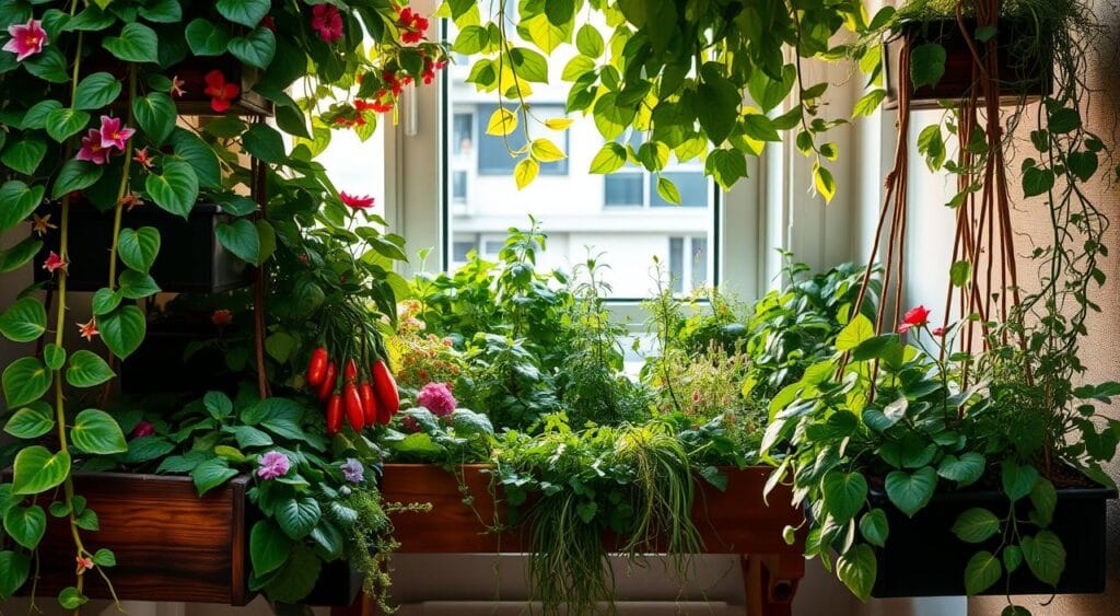 A lush, suspended garden thriving in a compact urban space, illuminated by warm, natural lighting. In the foreground, verdant leafy greens and vibrant blooms cascade from wooden planters, their tendrils spilling over the edges. The middle ground showcases a variety of productive vegetables and herbs, their leaves gently swaying. In the background, a minimalist apartment balcony or window frame provides a clean, modern contrast, highlighting the clever use of vertical space. The scene evokes a sense of serenity, abundance, and the creative potential of small-space gardening. A lush, suspended garden thriving in a compact urban space, illuminated by warm, natural lighting. In the foreground, verdant leafy greens and vibrant blooms cascade from wooden planters, their tendrils spilling over the edges. The middle ground showcases a variety of productive vegetables and herbs, their leaves gently swaying. In the background, a minimalist apartment balcony or window frame provides a clean, modern contrast, highlighting the clever use of vertical space. The scene evokes a sense of serenity, abundance, and the creative potential of small-space gardening.