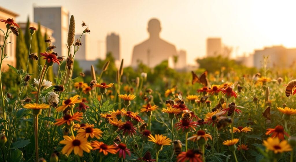 A lush, thriving urban garden with various pollinator-friendly flowers and plants in the foreground. In the middle ground, a diverse array of bees, butterflies, and other pollinators busily collecting nectar and pollen. In the background, a looming, ominous-looking silhouette representing the crisis of declining pollinator populations. Warm, golden lighting casts a soft glow, conveying a sense of both the beauty and the fragility of the pollinator ecosystem. Shot with a wide-angle lens to capture the full scope of the scene, with a shallow depth of field to focus attention on the pollinators in action. A lush, thriving urban garden with various pollinator-friendly flowers and plants in the foreground. In the middle ground, a diverse array of bees, butterflies, and other pollinators busily collecting nectar and pollen. In the background, a looming, ominous-looking silhouette representing the crisis of declining pollinator populations. Warm, golden lighting casts a soft glow, conveying a sense of both the beauty and the fragility of the pollinator ecosystem. Shot with a wide-angle lens to capture the full scope of the scene, with a shallow depth of field to focus attention on the pollinators in action.