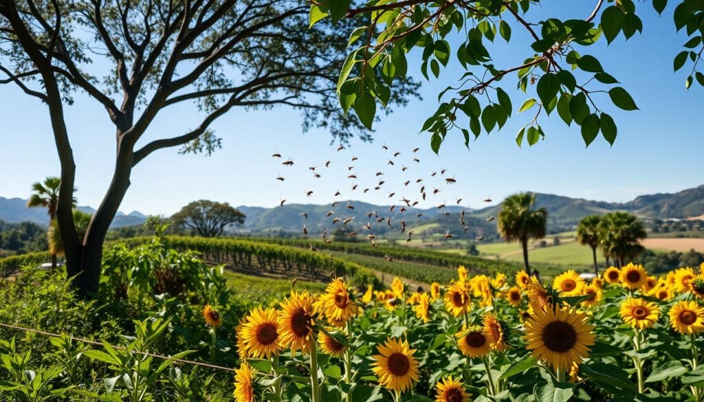 A lush, verdant Brazilian agricultural landscape, with towering eucalyptus trees and thriving crops in the foreground. In the middle ground, a swarm of industrious honey bees pollinating a vibrant field of yellow sunflowers, their delicate wings catching the warm, golden light. In the background, rolling hills and a clear blue sky, creating a serene and harmonious scene that emphasizes the vital role of bees in sustaining the region's agricultural abundance. The composition is balanced, with a sense of depth and movement, capturing the essence of the Brazilian countryside and the symbiotic relationship between bees and the crops they help to grow.