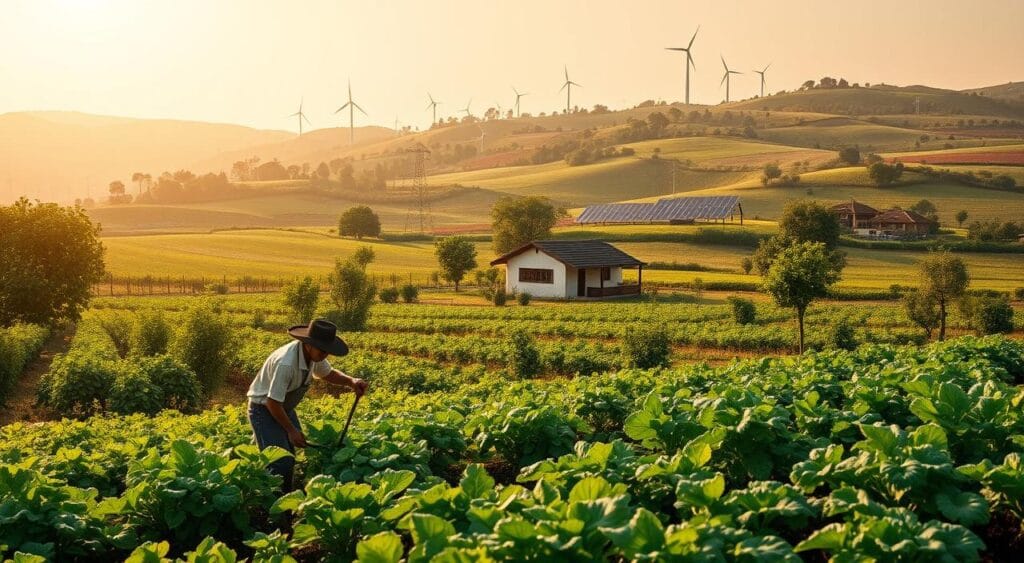 A lush, verdant agricultural landscape, with a focus on sustainable resource management. In the foreground, a farmer tends to a thriving organic vegetable garden, using natural fertilizers and rainwater harvesting techniques. The middle ground features a small, traditional farmhouse surrounded by diverse crop fields and orchards, showcasing the principles of polyculture and crop rotation. In the distance, rolling hills are dotted with wind turbines and solar panels, generating clean, renewable energy to power the sustainable farming operations. The scene is bathed in warm, golden sunlight, conveying a sense of harmony between human activity and the natural environment. A lush, verdant agricultural landscape, with a focus on sustainable resource management. In the foreground, a farmer tends to a thriving organic vegetable garden, using natural fertilizers and rainwater harvesting techniques. The middle ground features a small, traditional farmhouse surrounded by diverse crop fields and orchards, showcasing the principles of polyculture and crop rotation. In the distance, rolling hills are dotted with wind turbines and solar panels, generating clean, renewable energy to power the sustainable farming operations. The scene is bathed in warm, golden sunlight, conveying a sense of harmony between human activity and the natural environment.