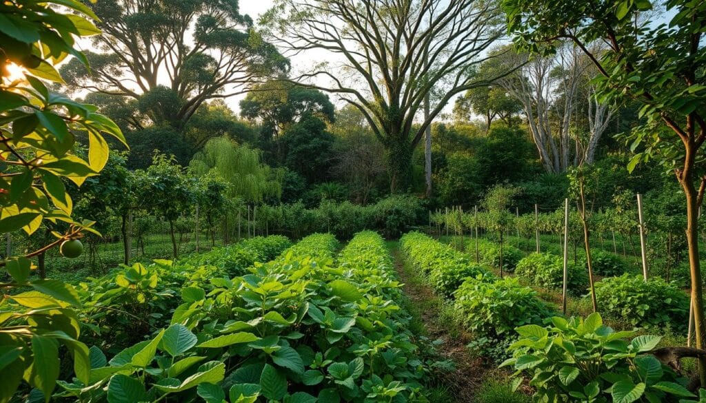 A lush, verdant agroforestry system with diverse layers of vegetation. In the foreground, rows of fruit trees and vegetable crops, their leaves rustling gently in the breeze. In the middle ground, towering canopy trees casting dappled shadows on the undergrowth below, where medicinal herbs and edible mushrooms thrive. In the background, a mix of native trees and shrubs, providing habitat for a vibrant array of birds and insects. The scene is bathed in warm, golden-hour sunlight, conveying a sense of harmony and sustainability. A wide-angle lens captures the intricate patterns and symbiotic relationships that define this sustainable agroforestry landscape. A lush, verdant agroforestry system with diverse layers of vegetation. In the foreground, rows of fruit trees and vegetable crops, their leaves rustling gently in the breeze. In the middle ground, towering canopy trees casting dappled shadows on the undergrowth below, where medicinal herbs and edible mushrooms thrive. In the background, a mix of native trees and shrubs, providing habitat for a vibrant array of birds and insects. The scene is bathed in warm, golden-hour sunlight, conveying a sense of harmony and sustainability. A wide-angle lens captures the intricate patterns and symbiotic relationships that define this sustainable agroforestry landscape.