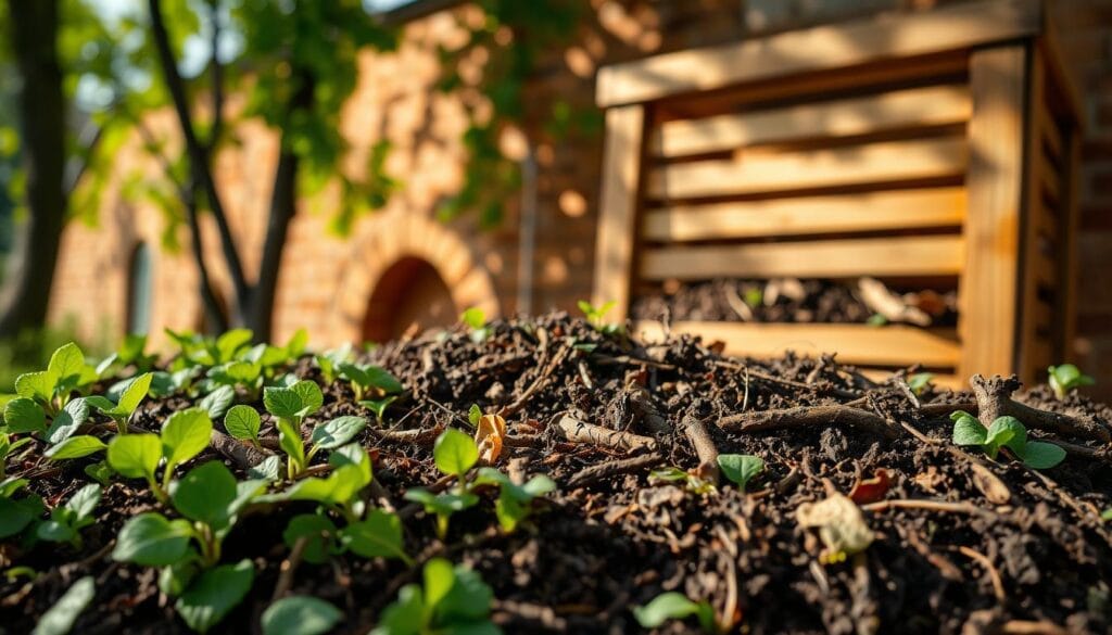 A lush, verdant compost heap set against a warm, earthy backdrop. In the foreground, a close-up of fresh, rich soil teeming with decomposing organic matter - vegetable scraps, leaves, and twigs. The middle ground features a rustic wooden bin or tumbler, its slats revealing the composting process within. Dappled sunlight filters through the branches of nearby trees, casting a soft, natural glow over the scene. The overall atmosphere is one of quiet productivity, highlighting the transformative power of home composting to nourish the soil and support thriving, healthy plants. A lush, verdant compost heap set against a warm, earthy backdrop. In the foreground, a close-up of fresh, rich soil teeming with decomposing organic matter - vegetable scraps, leaves, and twigs. The middle ground features a rustic wooden bin or tumbler, its slats revealing the composting process within. Dappled sunlight filters through the branches of nearby trees, casting a soft, natural glow over the scene. The overall atmosphere is one of quiet productivity, highlighting the transformative power of home composting to nourish the soil and support thriving, healthy plants.