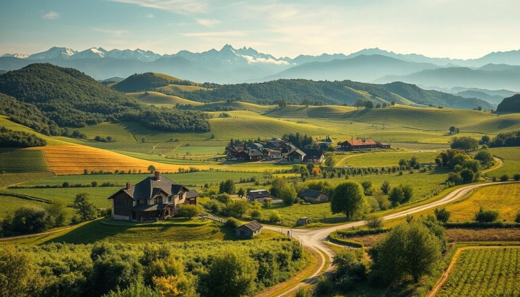 A lush, verdant countryside dotted with small, quaint rural communities. In the foreground, a picturesque farmhouse nestled amidst rolling hills and lush vegetation. Surrounding it, an expanse of cultivated fields and orchards, tended by hardworking families. In the middle ground, a winding dirt road leads to a cluster of modest, traditional homes, their roofs glistening under the warm, golden sunlight. In the background, a backdrop of towering mountains, their peaks capped with snow, creating a serene and majestic atmosphere. The scene exudes a sense of tranquility, self-sufficiency, and deep connection to the land, capturing the essence of thriving rural communities. A lush, verdant countryside dotted with small, quaint rural communities. In the foreground, a picturesque farmhouse nestled amidst rolling hills and lush vegetation. Surrounding it, an expanse of cultivated fields and orchards, tended by hardworking families. In the middle ground, a winding dirt road leads to a cluster of modest, traditional homes, their roofs glistening under the warm, golden sunlight. In the background, a backdrop of towering mountains, their peaks capped with snow, creating a serene and majestic atmosphere. The scene exudes a sense of tranquility, self-sufficiency, and deep connection to the land, capturing the essence of thriving rural communities.