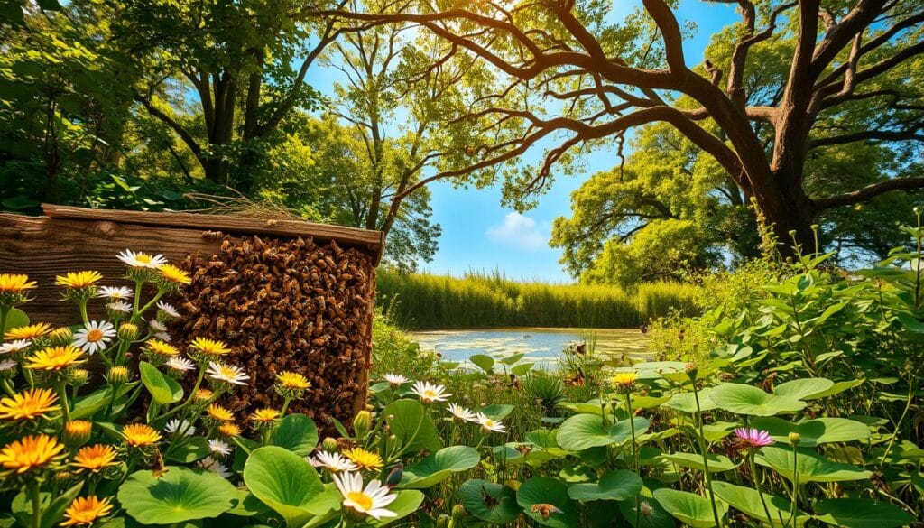 A lush, verdant ecosystem teeming with life. In the foreground, a thriving hive of busy honeybees, their golden bodies darting among the vibrant flowers and plants. Surrounding the hive, a diverse array of pollinators – butterflies, bees, and other insects – flitting between the blossoms, maintaining the delicate balance of the natural world. In the middle ground, a small pond reflects the azure sky above, its surface dotted with lily pads and the occasional jumping frog. Towering trees in the background provide shade and shelter, their branches home to a variety of birds and small animals. Warm, diffused sunlight filters through the leaves, casting a gentle, golden glow over the entire scene. This is a sustainable ecosystem, in perfect harmony, where all life is interconnected and thriving.