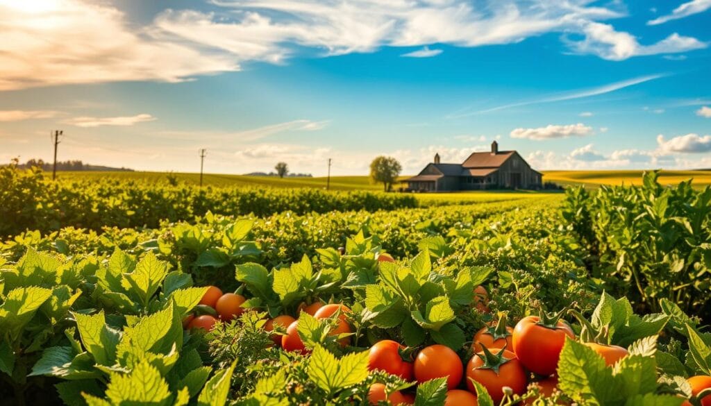 A lush, verdant field of organic crops and produce, illuminated by warm, golden sunlight filtering through wispy clouds. In the foreground, a bountiful harvest of vibrant fruits and vegetables, their natural colors and textures glistening. Behind them, rows of thriving plants, their leaves and stems swaying gently in a soft breeze. In the distance, a picturesque farmhouse and barn, surrounded by rolling hills and a cloudless azure sky. The scene exudes a sense of tranquility, harmony, and the profound benefits of sustainable, ecological agriculture. A lush, verdant field of organic crops and produce, illuminated by warm, golden sunlight filtering through wispy clouds. In the foreground, a bountiful harvest of vibrant fruits and vegetables, their natural colors and textures glistening. Behind them, rows of thriving plants, their leaves and stems swaying gently in a soft breeze. In the distance, a picturesque farmhouse and barn, surrounded by rolling hills and a cloudless azure sky. The scene exudes a sense of tranquility, harmony, and the profound benefits of sustainable, ecological agriculture.
