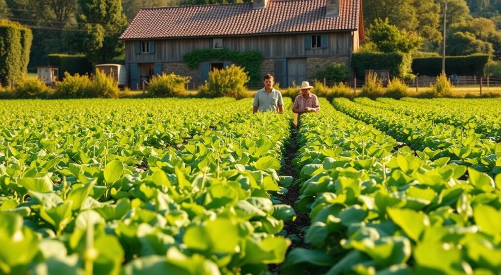 A lush, verdant field of organic crops stretches across the foreground, with vibrant green foliage and healthy, thriving plants. In the middle ground, a group of farmers, clad in sun-worn attire, carefully inspect the crops, their expressions conveying a sense of pride and diligence. In the background, a traditional farmhouse stands tall, its weathered wooden facade and tiled roof suggesting a long history of sustainable agricultural practices. The scene is bathed in warm, golden light, creating a sense of serenity and natural abundance. The overall composition evokes the process of obtaining the organic certification, capturing the dedication, hard work, and connection to the land that are essential to this achievement. A lush, verdant field of organic crops stretches across the foreground, with vibrant green foliage and healthy, thriving plants. In the middle ground, a group of farmers, clad in sun-worn attire, carefully inspect the crops, their expressions conveying a sense of pride and diligence. In the background, a traditional farmhouse stands tall, its weathered wooden facade and tiled roof suggesting a long history of sustainable agricultural practices. The scene is bathed in warm, golden light, creating a sense of serenity and natural abundance. The overall composition evokes the process of obtaining the organic certification, capturing the dedication, hard work, and connection to the land that are essential to this achievement.