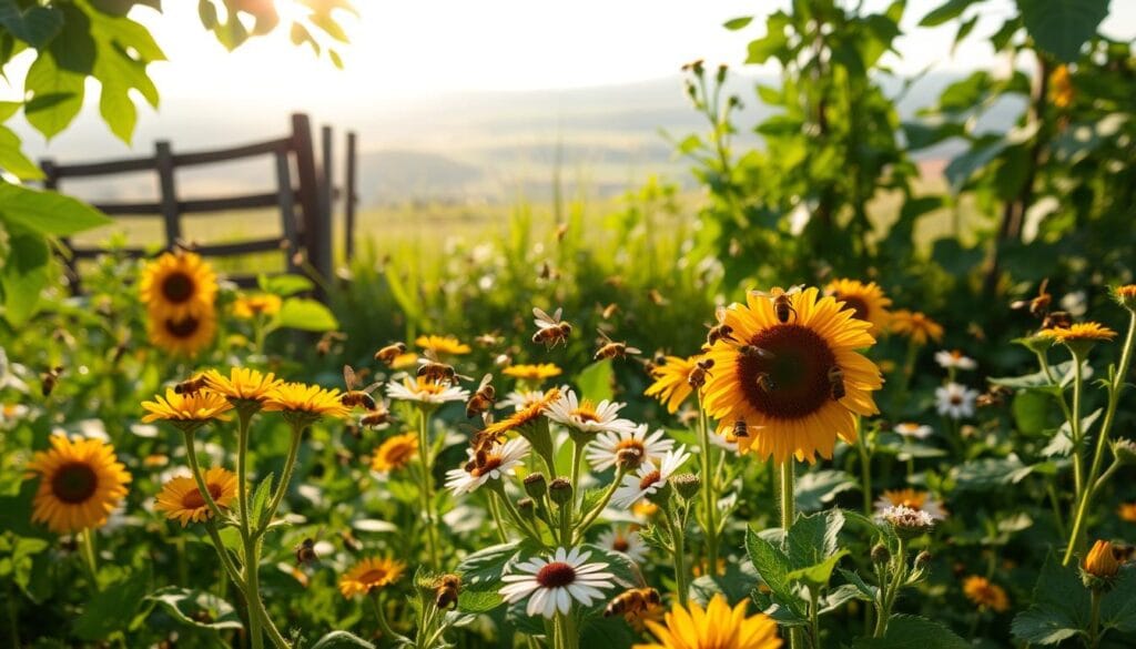 A lush, verdant garden at dawn, with sunlight filtering through the leaves and dappling the ground. In the foreground, a swarm of honey bees (Apis mellifera) diligently pollinating a profusion of vibrant wildflowers - sunflowers, daisies, and clover. The bees' delicate, fuzzy bodies glisten as they flit from bloom to bloom, their intricate dance a testament to the critical role they play in the ecosystem. In the middle ground, a weathered wooden fence frames the scene, while in the distance, a rolling hillside stretches out under a soft, hazy sky. The overall atmosphere is one of tranquility, natural beauty, and the vital importance of these humble, hardworking pollinators. A lush, verdant garden at dawn, with sunlight filtering through the leaves and dappling the ground. In the foreground, a swarm of honey bees (Apis mellifera) diligently pollinating a profusion of vibrant wildflowers - sunflowers, daisies, and clover. The bees' delicate, fuzzy bodies glisten as they flit from bloom to bloom, their intricate dance a testament to the critical role they play in the ecosystem. In the middle ground, a weathered wooden fence frames the scene, while in the distance, a rolling hillside stretches out under a soft, hazy sky. The overall atmosphere is one of tranquility, natural beauty, and the vital importance of these humble, hardworking pollinators.