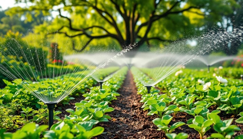 A lush, verdant garden scene with an efficient irrigation system at its heart. In the foreground, a series of well-placed sprinklers gently misting the soil, their arcs of water creating a mesmerizing pattern. In the middle ground, rows of thriving plants and flowers, their leaves glistening with the kiss of water. The background features a harmonious blend of mature trees, their branches swaying gently in a warm breeze. The lighting is soft and diffused, casting a natural, almost ethereal glow over the entire scene. The angle is slightly elevated, allowing the viewer to appreciate the full scope of the well-designed irrigation system and its integration with the vibrant, healthy garden. A lush, verdant garden scene with an efficient irrigation system at its heart. In the foreground, a series of well-placed sprinklers gently misting the soil, their arcs of water creating a mesmerizing pattern. In the middle ground, rows of thriving plants and flowers, their leaves glistening with the kiss of water. The background features a harmonious blend of mature trees, their branches swaying gently in a warm breeze. The lighting is soft and diffused, casting a natural, almost ethereal glow over the entire scene. The angle is slightly elevated, allowing the viewer to appreciate the full scope of the well-designed irrigation system and its integration with the vibrant, healthy garden.