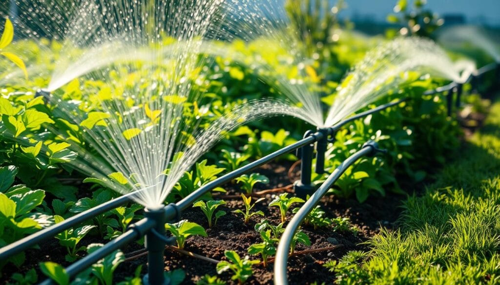 A lush, verdant garden with an intricate irrigation system. In the foreground, a series of flexible hoses and sprinklers methodically delivering water to the soil. Midground, a combination of drip emitters and soaker hoses ensuring efficient moisture distribution. In the background, a modern control panel regulating the timing and volume of the water flow. Soft, natural lighting illuminates the scene, casting long shadows and highlighting the seamless integration of technology and nature. The overall atmosphere conveys a sense of harmony and sustainability, reflecting the principles of efficient home irrigation. A lush, verdant garden with an intricate irrigation system. In the foreground, a series of flexible hoses and sprinklers methodically delivering water to the soil. Midground, a combination of drip emitters and soaker hoses ensuring efficient moisture distribution. In the background, a modern control panel regulating the timing and volume of the water flow. Soft, natural lighting illuminates the scene, casting long shadows and highlighting the seamless integration of technology and nature. The overall atmosphere conveys a sense of harmony and sustainability, reflecting the principles of efficient home irrigation.