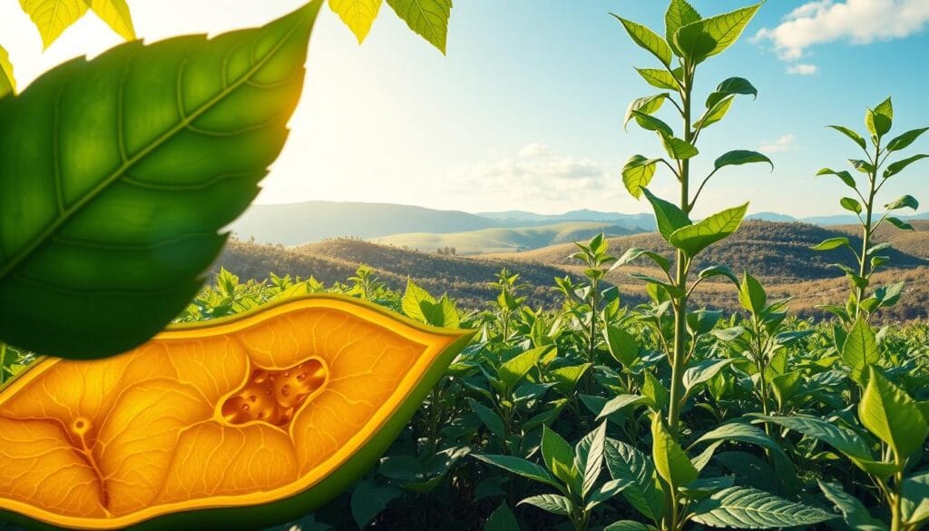 A lush, verdant illustration of the carbon cycle within plants. In the foreground, a detailed cross-section of a leaf, showcasing the intricate network of veins and chloroplasts that facilitate photosynthesis. In the middle ground, vibrant green plants, their leaves gently swaying, capturing sunlight and atmospheric carbon dioxide. In the background, a serene landscape, with rolling hills and a cloudless sky, symbolizing the broader ecosystem. The image is rendered with a naturalistic, high-definition style, with soft, warm lighting and a sense of depth and perspective, accentuating the scientific and organic nature of the carbon cycle within plants. A lush, verdant illustration of the carbon cycle within plants. In the foreground, a detailed cross-section of a leaf, showcasing the intricate network of veins and chloroplasts that facilitate photosynthesis. In the middle ground, vibrant green plants, their leaves gently swaying, capturing sunlight and atmospheric carbon dioxide. In the background, a serene landscape, with rolling hills and a cloudless sky, symbolizing the broader ecosystem. The image is rendered with a naturalistic, high-definition style, with soft, warm lighting and a sense of depth and perspective, accentuating the scientific and organic nature of the carbon cycle within plants.