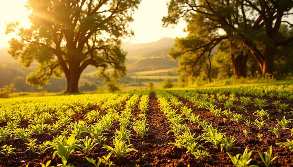 A lush, verdant landscape of regenerative agriculture unfolds before the viewer. In the foreground, a rich, dark soil teems with life, dotted with vibrant green plants and grasses. Towering mature trees line the middle ground, their canopies filtering warm, golden sunlight that casts a gentle glow over the scene. In the distance, rolling hills and diverse flora create a harmonious, biodiverse ecosystem. The composition is balanced, with a sense of abundance, resilience, and natural cycles. The overall mood is one of tranquility, hope, and the profound connection between healthy soil and thriving life. A lush, verdant landscape of regenerative agriculture unfolds before the viewer. In the foreground, a rich, dark soil teems with life, dotted with vibrant green plants and grasses. Towering mature trees line the middle ground, their canopies filtering warm, golden sunlight that casts a gentle glow over the scene. In the distance, rolling hills and diverse flora create a harmonious, biodiverse ecosystem. The composition is balanced, with a sense of abundance, resilience, and natural cycles. The overall mood is one of tranquility, hope, and the profound connection between healthy soil and thriving life.