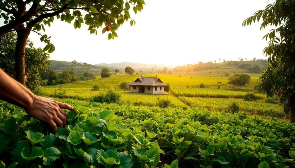 A lush, verdant landscape of small family farms in rural Brazil. In the foreground, a farmer tending to a flourishing vegetable garden, their weathered hands gently caressing the plants. In the middle ground, a picturesque farmhouse with a thatched roof, surrounded by rows of diverse crops swaying in the gentle breeze. In the background, rolling hills dotted with clusters of fruit trees and grazing livestock, all bathed in the warm, golden light of the afternoon sun. The scene conveys a sense of harmony, sustainability, and the deep connection between the land, the community, and the traditional way of life that defines "agricultura familiar" in Brazil. A lush, verdant landscape of small family farms in rural Brazil. In the foreground, a farmer tending to a flourishing vegetable garden, their weathered hands gently caressing the plants. In the middle ground, a picturesque farmhouse with a thatched roof, surrounded by rows of diverse crops swaying in the gentle breeze. In the background, rolling hills dotted with clusters of fruit trees and grazing livestock, all bathed in the warm, golden light of the afternoon sun. The scene conveys a sense of harmony, sustainability, and the deep connection between the land, the community, and the traditional way of life that defines "agricultura familiar" in Brazil.