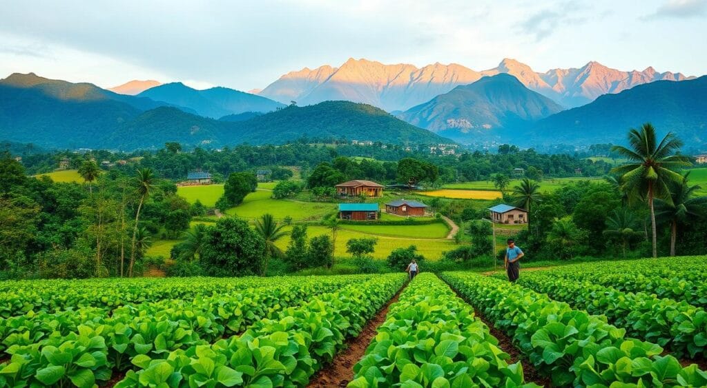 A lush, verdant landscape of sustainable agriculture in Brazil. In the foreground, a thriving organic farm with rows of healthy crops, farmers tending to the land with traditional tools. The middle ground features a small village with modest houses and solar panels, surrounded by rolling hills and forests. In the background, the majestic Andes mountains rise up, their peaks bathed in warm, golden light. The scene conveys a harmonious balance between human activity and the natural environment, highlighting the potential for sustainable, eco-friendly farming practices to coexist with the beauty of the Brazilian landscape. Soft, diffused lighting creates a serene, contemplative atmosphere. A lush, verdant landscape of sustainable agriculture in Brazil. In the foreground, a thriving organic farm with rows of healthy crops, farmers tending to the land with traditional tools. The middle ground features a small village with modest houses and solar panels, surrounded by rolling hills and forests. In the background, the majestic Andes mountains rise up, their peaks bathed in warm, golden light. The scene conveys a harmonious balance between human activity and the natural environment, highlighting the potential for sustainable, eco-friendly farming practices to coexist with the beauty of the Brazilian landscape. Soft, diffused lighting creates a serene, contemplative atmosphere.