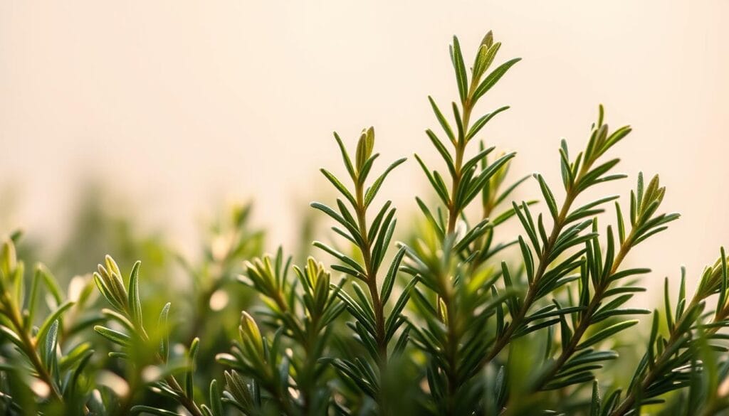 A lush, verdant sprig of rosemary (Rosmarinus officinalis) fills the frame, its aromatic, needle-like leaves glistening under soft, warm lighting. The plant's vibrant green hues and distinctive silhouette stand out against a blurred, dreamy background, evoking a sense of calm and focus. Captured from a low angle, the rosemary sprig appears larger-than-life, its elegant form and intricate textures drawing the viewer's eye. This natural, minimalist composition conveys the plant's potential to enhance both cognitive function and culinary endeavors, in line with the article's subject and section title. A lush, verdant sprig of rosemary (Rosmarinus officinalis) fills the frame, its aromatic, needle-like leaves glistening under soft, warm lighting. The plant's vibrant green hues and distinctive silhouette stand out against a blurred, dreamy background, evoking a sense of calm and focus. Captured from a low angle, the rosemary sprig appears larger-than-life, its elegant form and intricate textures drawing the viewer's eye. This natural, minimalist composition conveys the plant's potential to enhance both cognitive function and culinary endeavors, in line with the article's subject and section title.