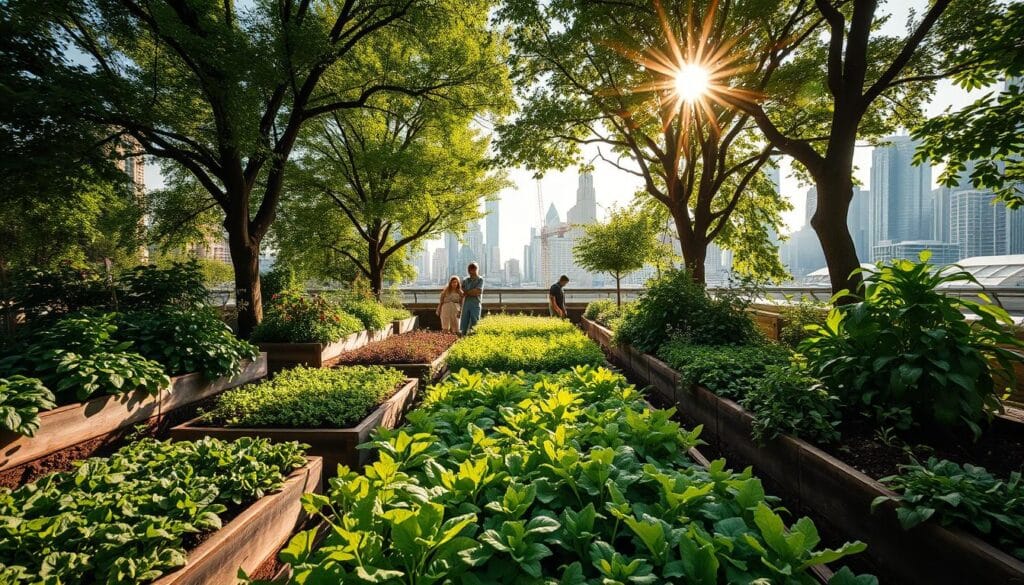 A lush, verdant urban garden thriving amidst the bustling cityscape. In the foreground, raised planter beds overflow with an abundance of leafy greens, vibrant vegetables, and aromatic herbs. Sunlight filters through the canopy of towering trees, casting a warm, golden glow across the scene. In the middle ground, a small group of urban farmers tend to their crops, their faces alight with pride and satisfaction. In the background, the silhouettes of high-rise buildings and cranes hint at the city's dynamic energy, a harmonious contrast to the serene, self-sufficient oasis before them. The overall atmosphere is one of tranquility, sustainability, and the triumph of human ingenuity in creating thriving, food-producing ecosystems within the urban landscape. A lush, verdant urban garden thriving amidst the bustling cityscape. In the foreground, raised planter beds overflow with an abundance of leafy greens, vibrant vegetables, and aromatic herbs. Sunlight filters through the canopy of towering trees, casting a warm, golden glow across the scene. In the middle ground, a small group of urban farmers tend to their crops, their faces alight with pride and satisfaction. In the background, the silhouettes of high-rise buildings and cranes hint at the city's dynamic energy, a harmonious contrast to the serene, self-sufficient oasis before them. The overall atmosphere is one of tranquility, sustainability, and the triumph of human ingenuity in creating thriving, food-producing ecosystems within the urban landscape.