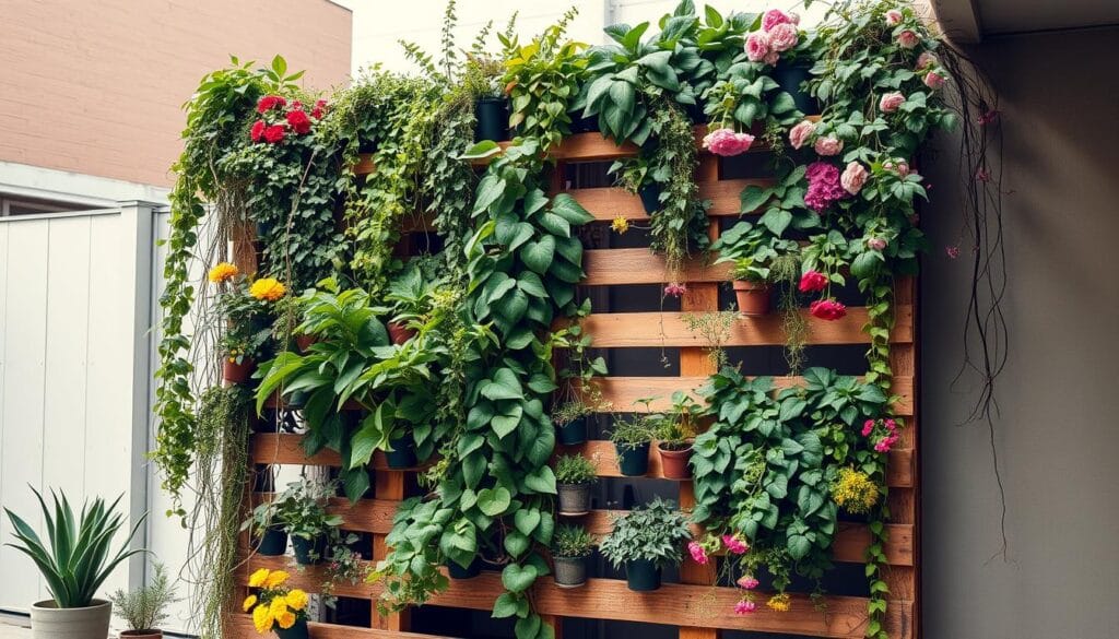 A lush, vertical garden bursting with life, constructed entirely from reclaimed wooden pallets. The foreground showcases an intricate arrangement of various potted plants, cascading vines, and trailing flowers, creating a vibrant and textured tapestry. The middle ground features a sturdy pallet frame, its weathered and rustic charm accentuating the natural elements. Warm, diffused lighting bathes the scene, casting gentle shadows and highlighting the organic shapes and textures. In the background, a minimalist urban setting provides a complementary contrast, emphasizing the creativity and sustainability of this vertical garden design. The overall atmosphere exudes a sense of tranquility, rejuvenation, and a harmonious integration of nature within a confined, urban space. A lush, vertical garden bursting with life, constructed entirely from reclaimed wooden pallets. The foreground showcases an intricate arrangement of various potted plants, cascading vines, and trailing flowers, creating a vibrant and textured tapestry. The middle ground features a sturdy pallet frame, its weathered and rustic charm accentuating the natural elements. Warm, diffused lighting bathes the scene, casting gentle shadows and highlighting the organic shapes and textures. In the background, a minimalist urban setting provides a complementary contrast, emphasizing the creativity and sustainability of this vertical garden design. The overall atmosphere exudes a sense of tranquility, rejuvenation, and a harmonious integration of nature within a confined, urban space.